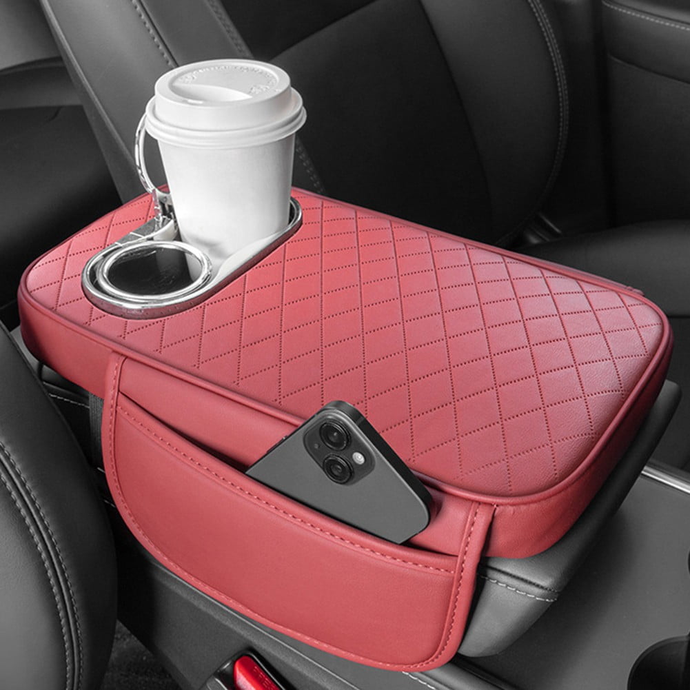 Car Armrest Cushion With 2 Cup Holder And Side Pocket Pu Leather Beige - Image 6
