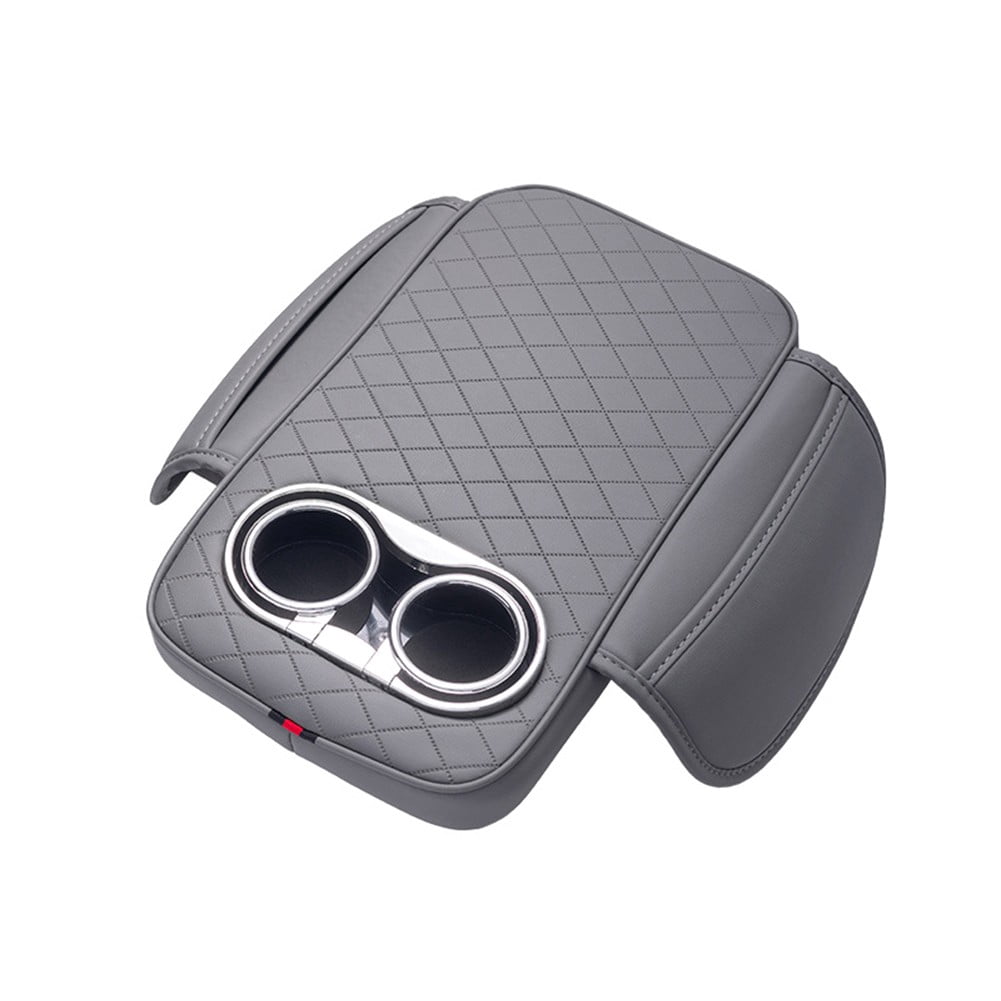 Car Armrest Cushion With 2 Cup Holder And Side Pocket Pu Leather Beige - Image 7