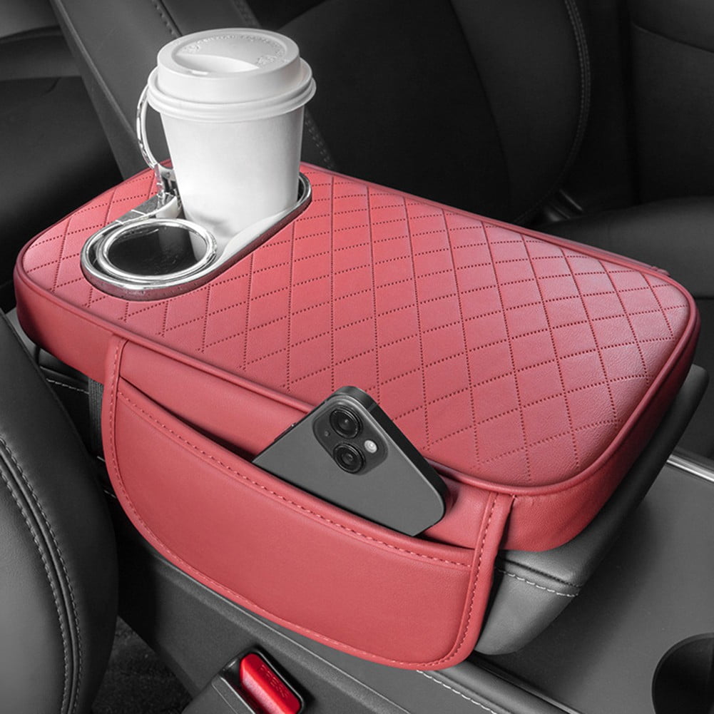 Car Armrest Cushion With 2 Cup Holder And Side Pocket Pu Leather Beige - Image 8