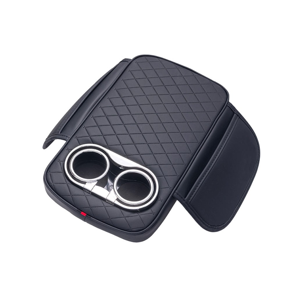 Car Armrest Cushion With 2 Cup Holder And Side Pocket Pu Leather Black - Image 1