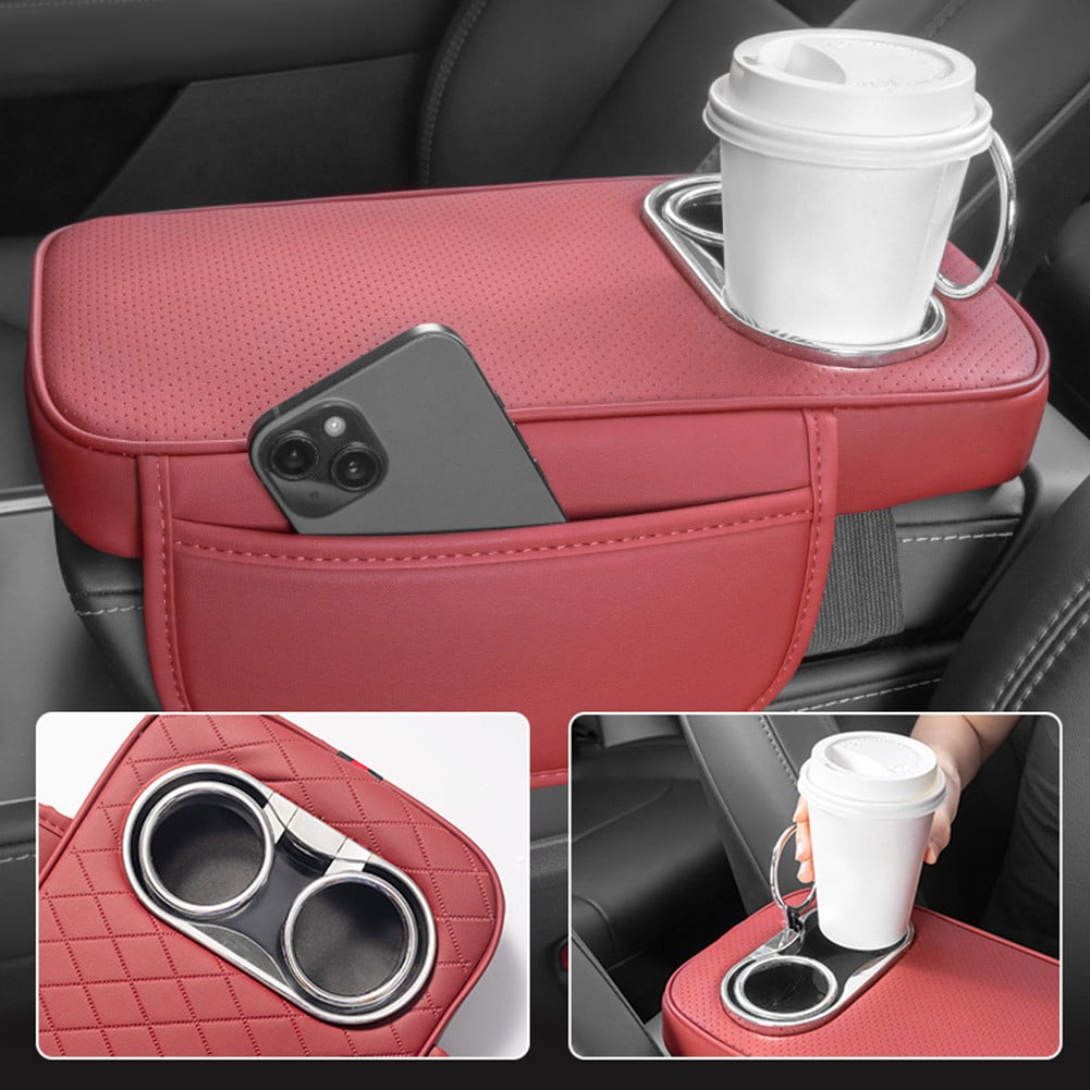 Car Armrest Cushion With 2 Cup Holder And Side Pocket Pu Leather Black - Image 4