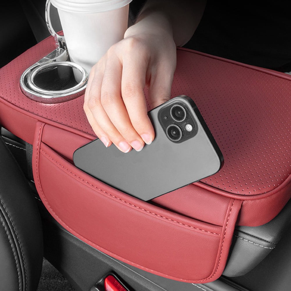 Car Armrest Cushion With 2 Cup Holder And Side Pocket Pu Leather Black - Image 6