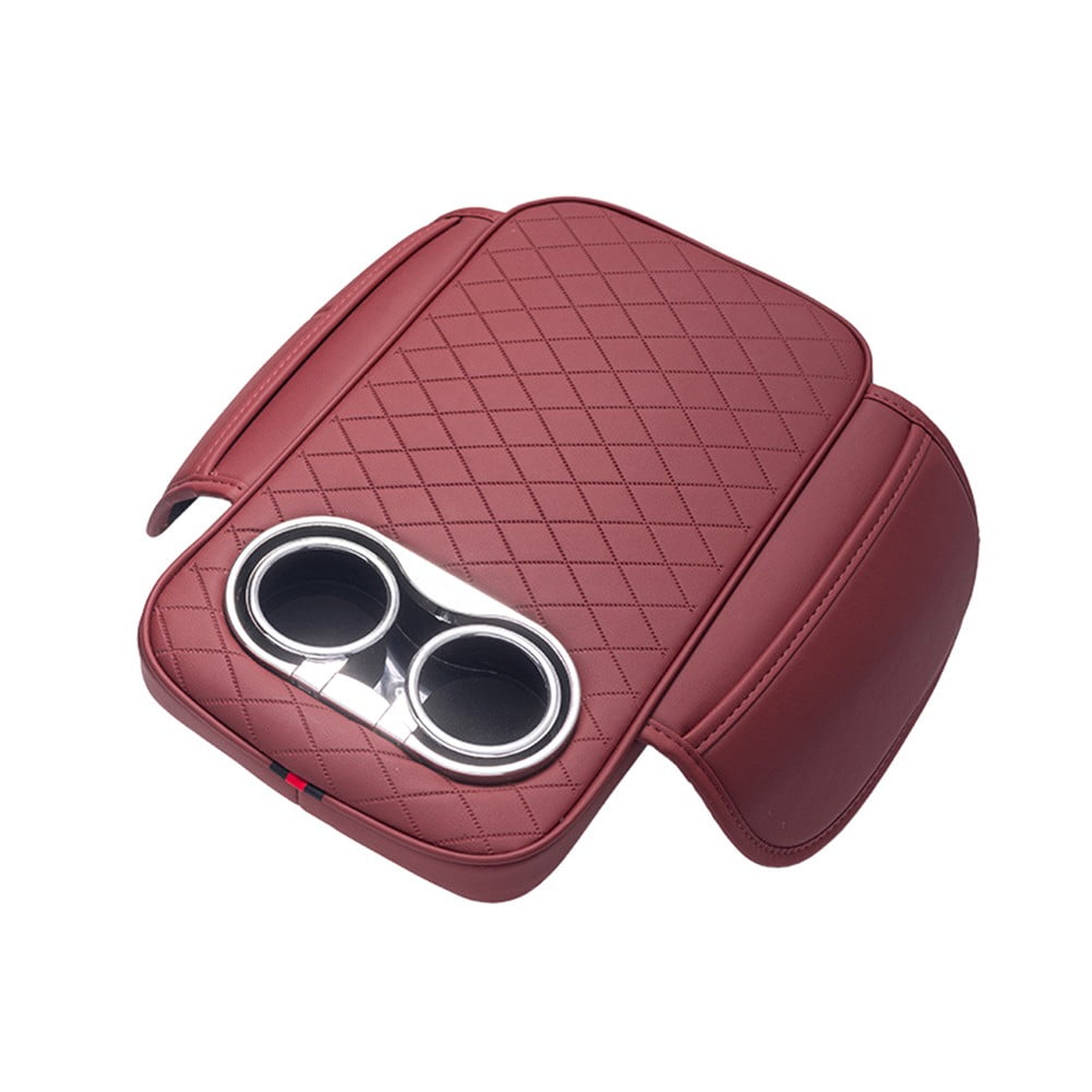 Car Armrest Cushion With 2 Cup Holder And Side Pocket Pu Leather Black - Image 8