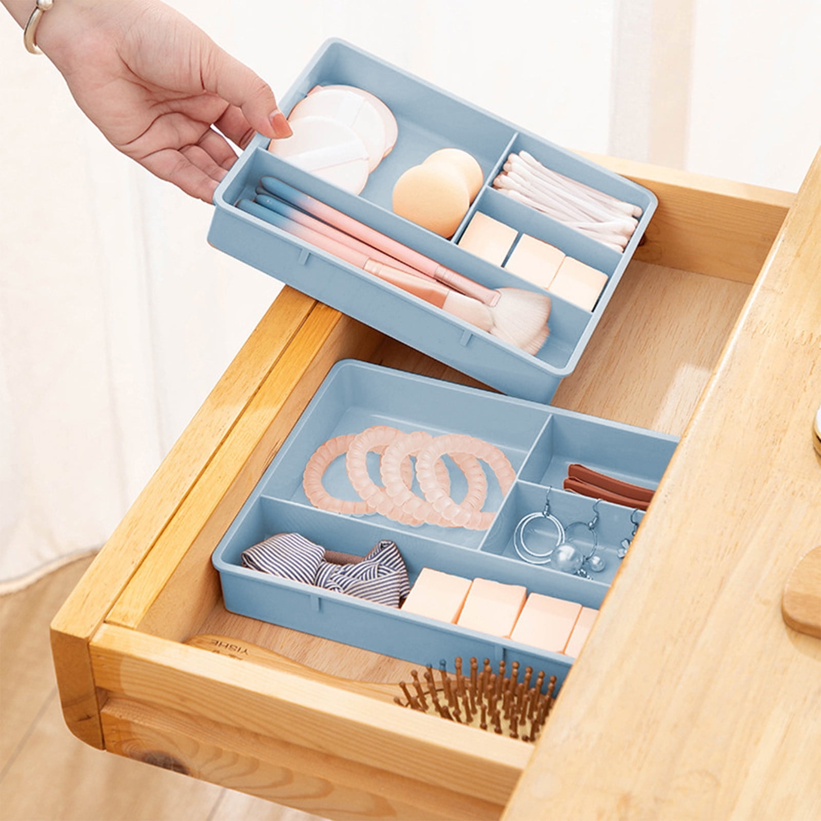 Four Grid Storage Box Plastic Drawer Dividers Flatware Tray Pen Holder Tray Plastic Tray Makeup Tray Plastic Drawers Makeup Vanity Organizer Small Item Pp Office Storage Tray Blue - Image 1
