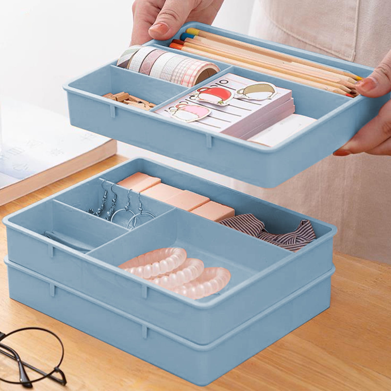 Four Grid Storage Box Plastic Drawer Dividers Flatware Tray Pen Holder Tray Plastic Tray Makeup Tray Plastic Drawers Makeup Vanity Organizer Small Item Pp Office Storage Tray Blue - Image 4