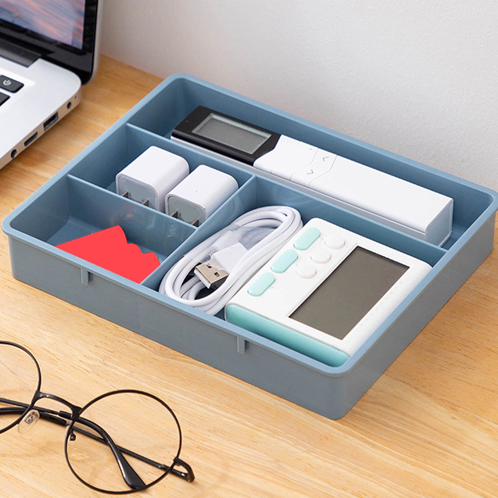 Four Grid Storage Box Plastic Drawer Dividers Flatware Tray Pen Holder Tray Plastic Tray Makeup Tray Plastic Drawers Makeup Vanity Organizer Small Item Pp Office Storage Tray Blue - Image 5