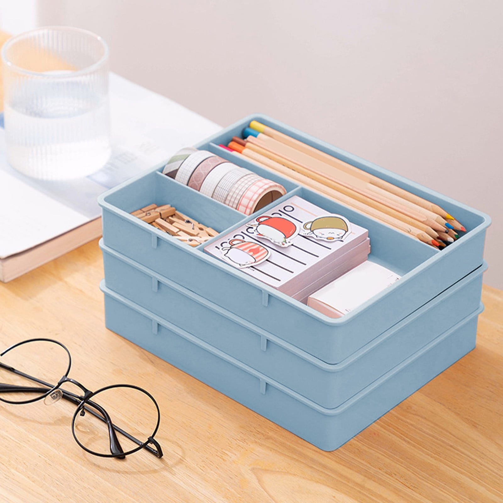 Four Grid Storage Box Plastic Drawer Dividers Flatware Tray Pen Holder Tray Plastic Tray Makeup Tray Plastic Drawers Makeup Vanity Organizer Small Item Pp Office Storage Tray Blue - Image 6