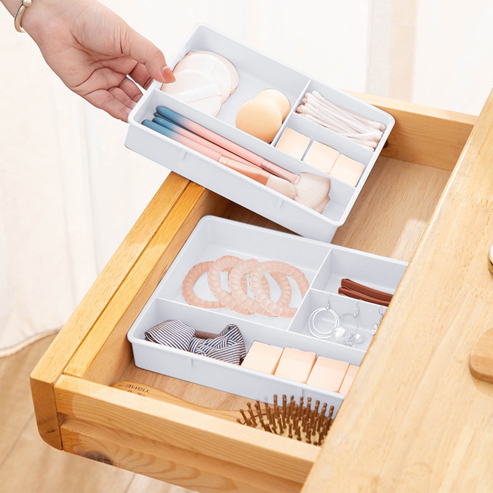 Four Grid Storage Box Plastic Drawer Dividers Flatware Tray Pen Holder Tray Plastic Tray Makeup Tray Plastic Drawers Makeup Vanity Organizer Small Item Pp Office Storage Tray White - Image 1