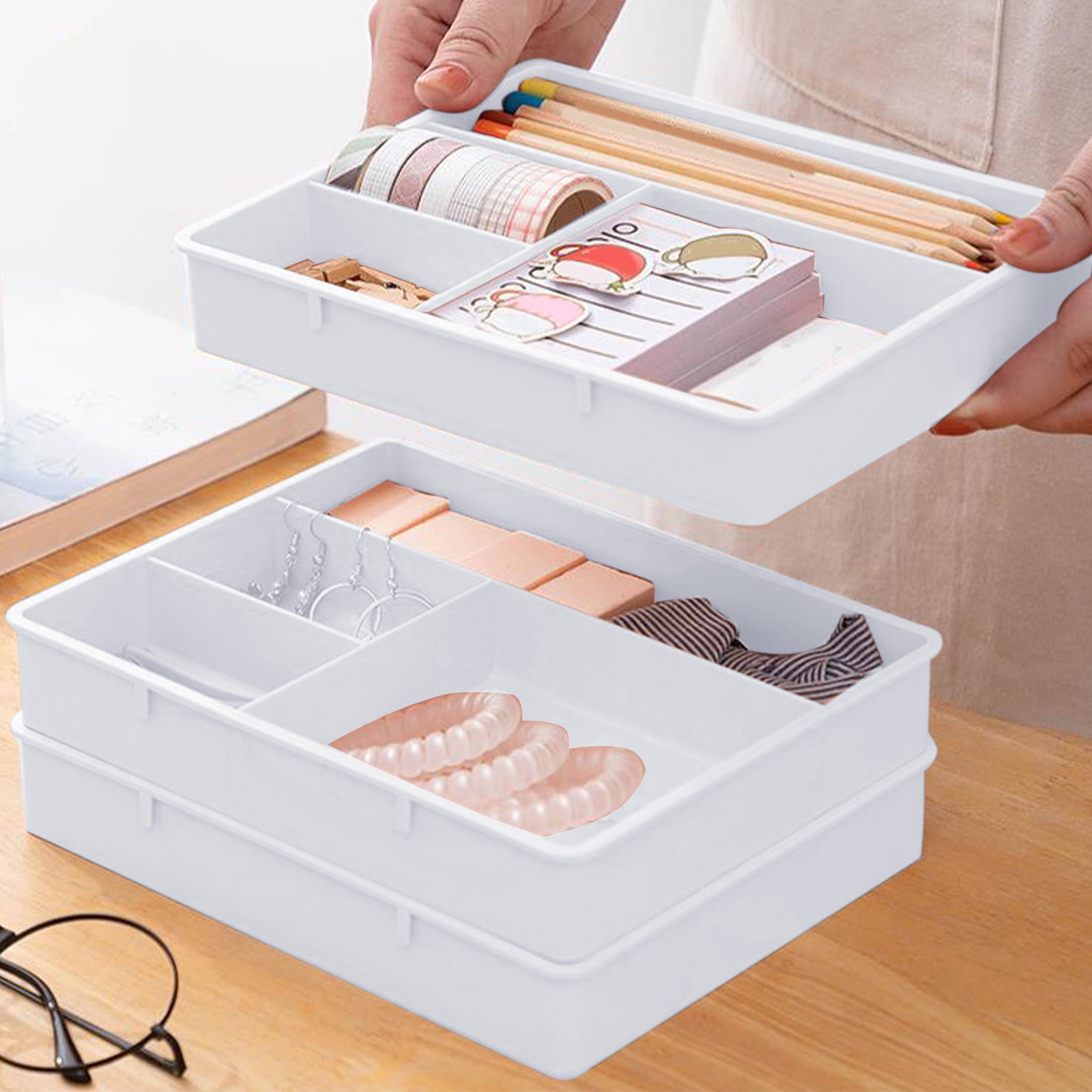 Four Grid Storage Box Plastic Drawer Dividers Flatware Tray Pen Holder Tray Plastic Tray Makeup Tray Plastic Drawers Makeup Vanity Organizer Small Item Pp Office Storage Tray White - Image 4