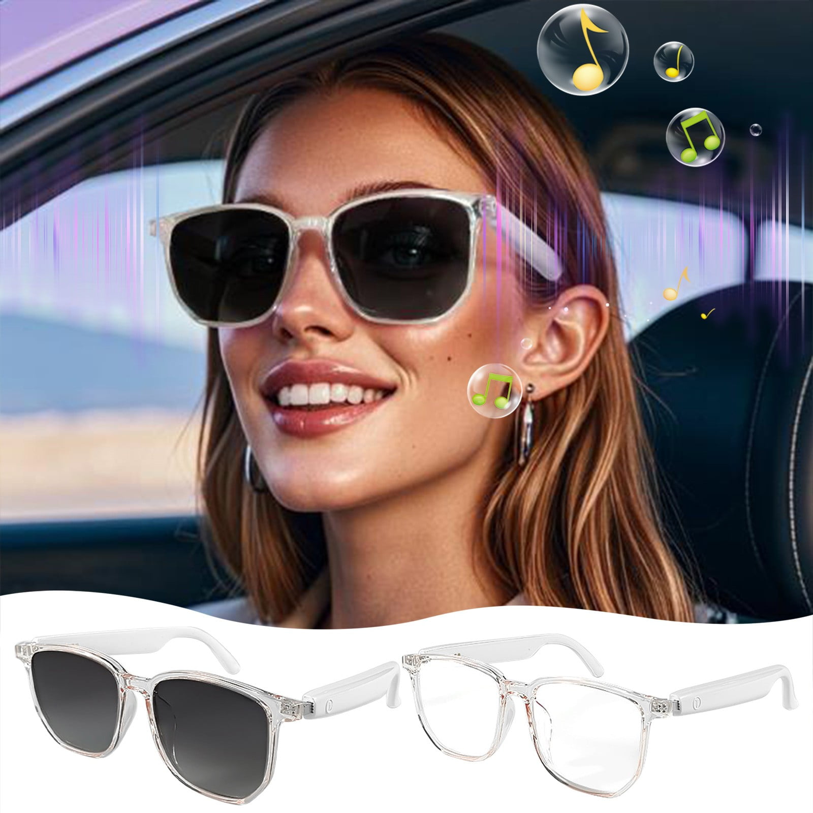Smart Glasses with Wireless Earbuds, Lightweight Glasses With Blue Light Protection Wireless Bluetooth 5.3 Headset Function Built-in Music And Speakers Support For And Voice White - Image 1