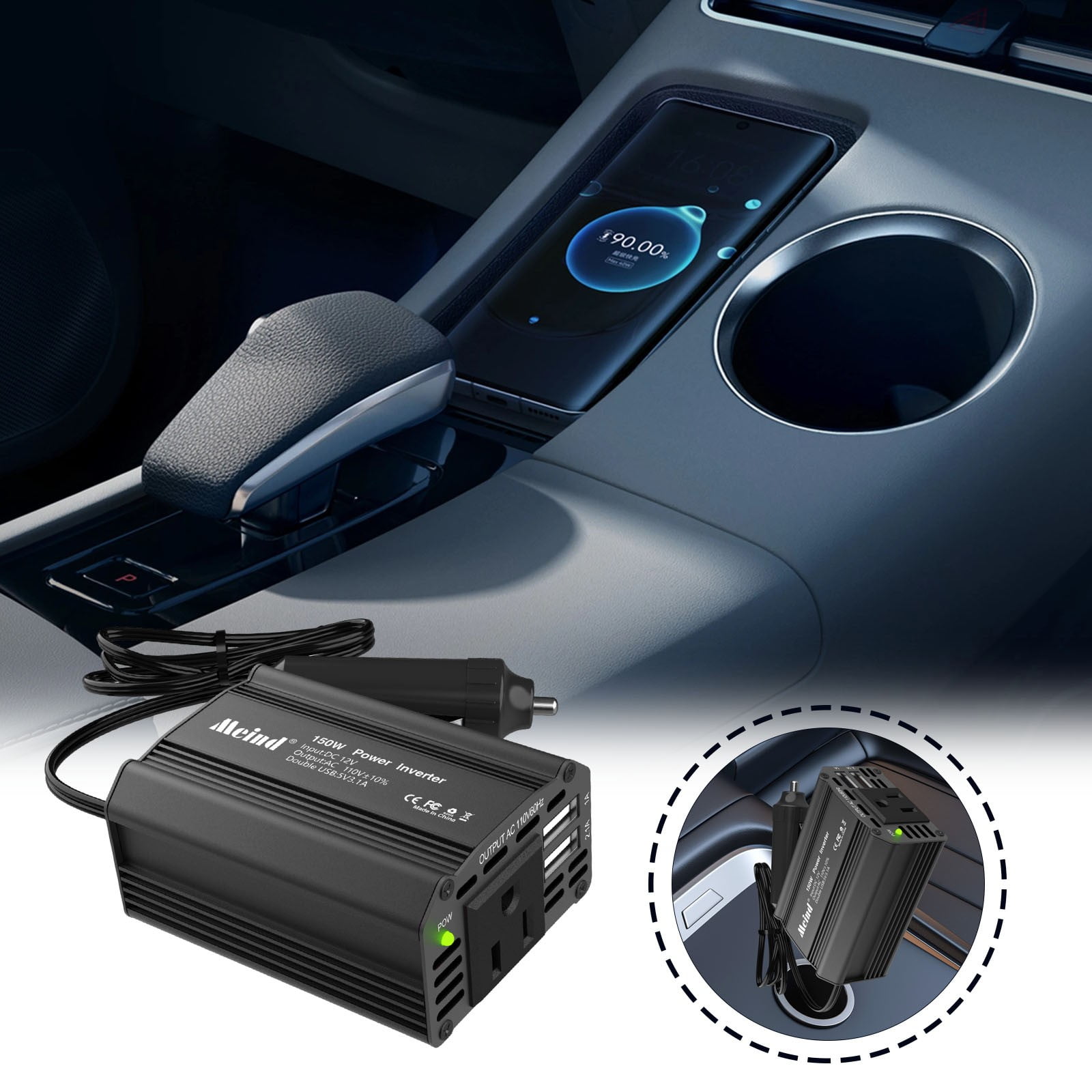 150W Car Power Inverter 12V DC To 110V AC Converter Vehicle Adapter Plug Outlet With 3.1A USB Car Charger For Laptop Computer Black - Image 1