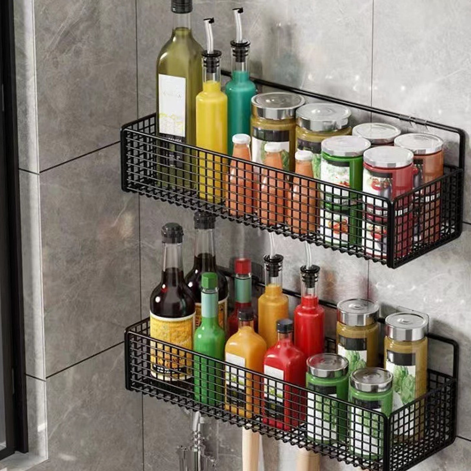 Hanging Floating Shelves, 2 Sets Of Wall Mounted Shelves For Wall Storage, Hanging Storage Shelf For Bathroom, Living Room, Bedroom, Kitchen Seasoning Rack Shower Toiletries Basket Black - Image 1