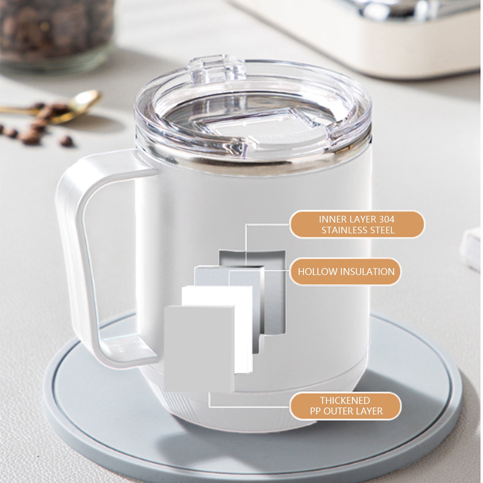 Coffee Mug With Handle, Insulated Stainless Steel Coffee Travel Mug, Reusable Coffee Cup With Lid, Microwave Safe Cups, For Tea, Latte, Cocoa, Milk, Office And Home Tea Cup White - Image 3