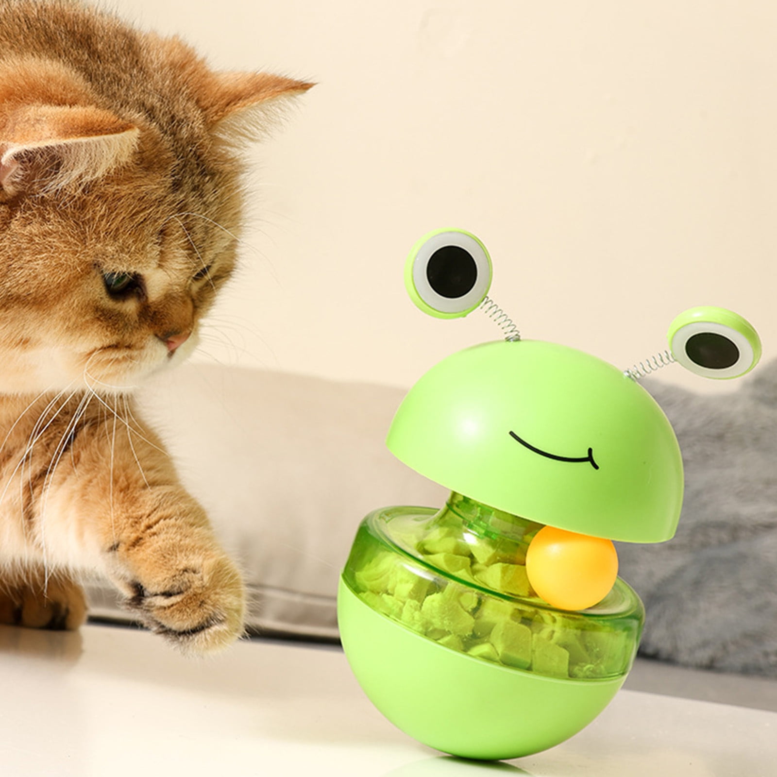 Cat Treat Puzzle, 2 in 1 Pet Slow Feeder Puzzle Ball, Frog Tumbler Cat Treat Toy, and Automatic Slow Feeder Ball for Cat and Kitten Training with Feather & Balls Green - Image 1