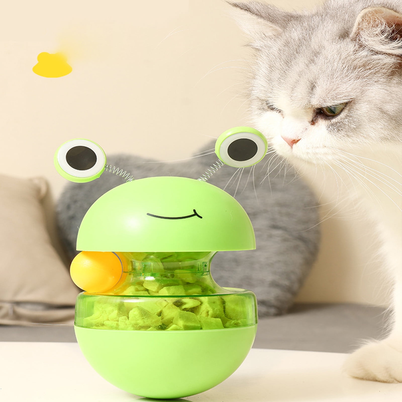 Cat Treat Puzzle, 2 in 1 Pet Slow Feeder Puzzle Ball, Frog Tumbler Cat Treat Toy, and Automatic Slow Feeder Ball for Cat and Kitten Training with Feather & Balls Green - Image 4