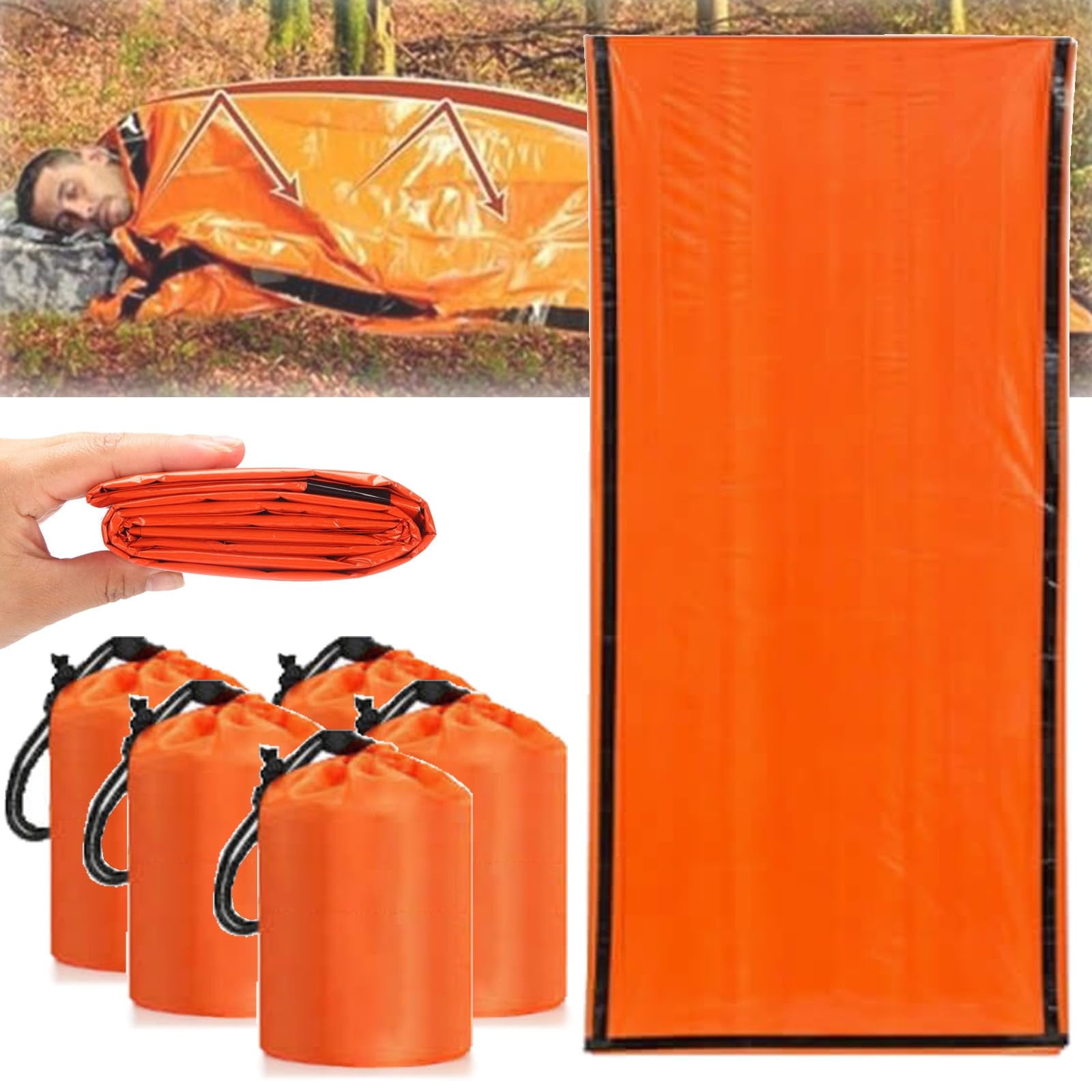 Emergency Sleeping Bag, Waterproof Emergency Sleeping Bags for Survival, 84X36in Sleeping Bag ,Pocket Size Survival Blanket, 3/4/5 PCS Thermal Bivy Sack for Outdoor Camping, Hiking 5PCS - Image 1