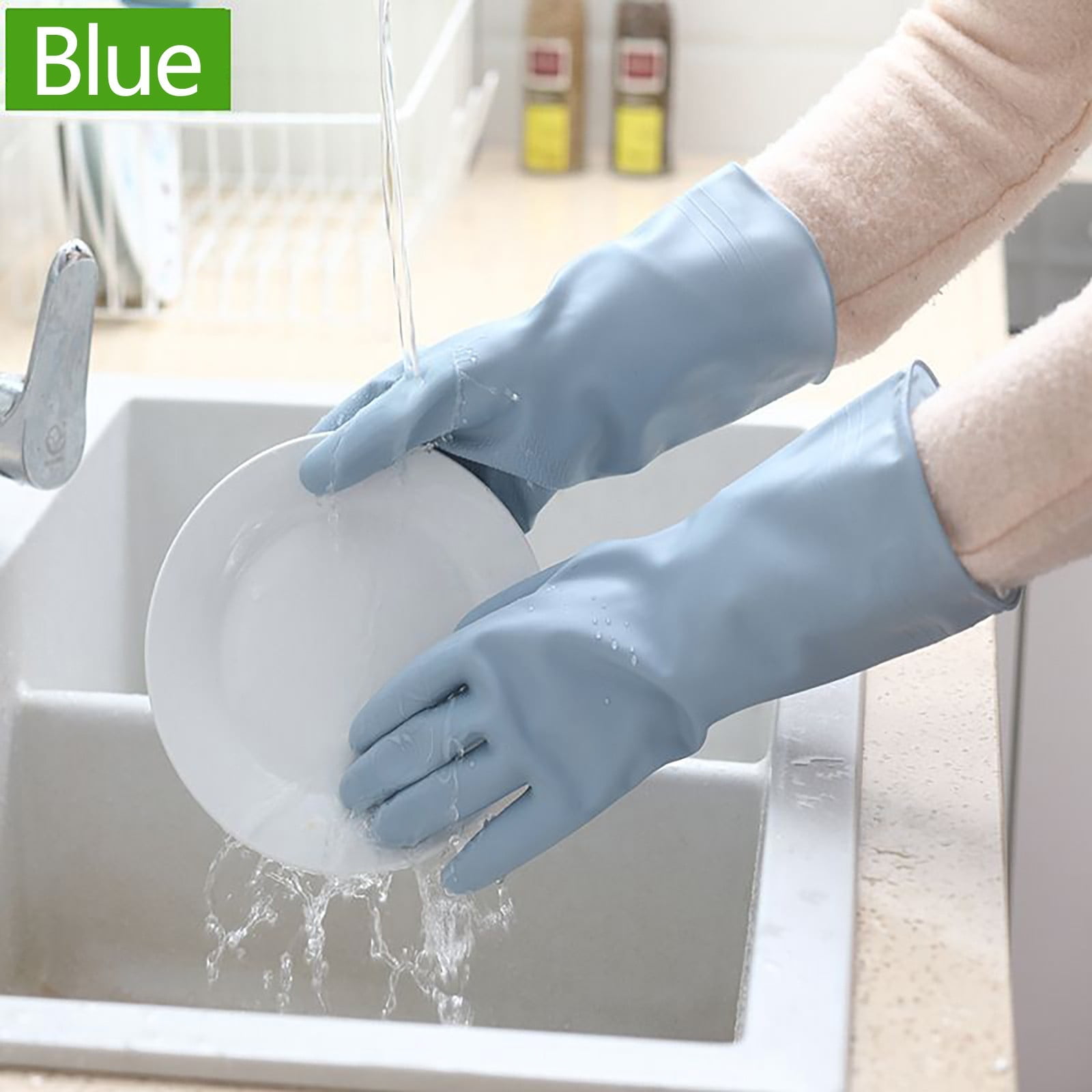 1 Pairs Rubber Gloves for Dishwashing Cleaning, Cotton Lined Household Gloves, Waterproof Gloves for Kitchen Bathroom, Reusable Gloves, Food Grade Non-Slip Household Kitchen Gloves Light blue,M - Image 2