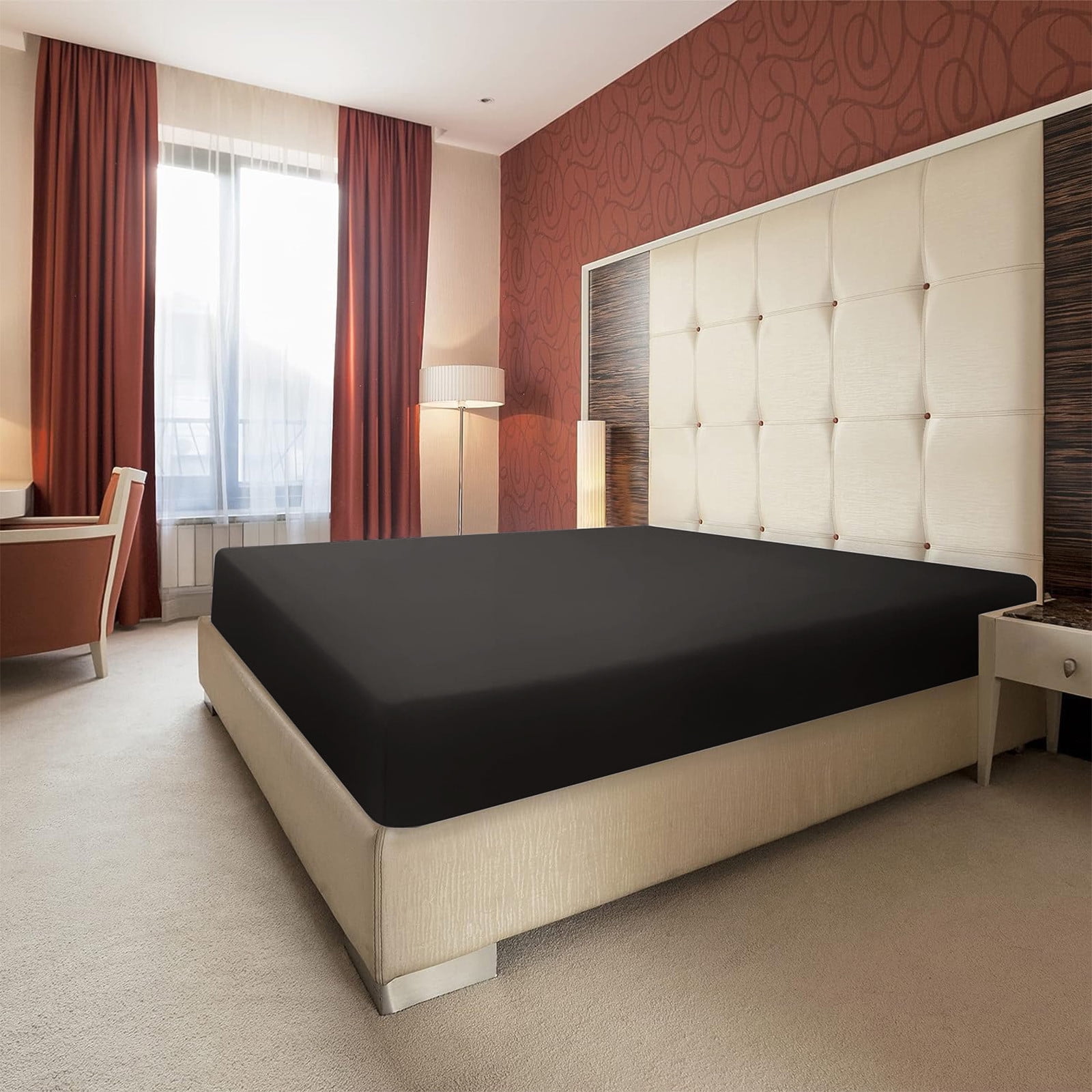 King Size Fitted Sheet, 100% Egyptian Cotton, Deep Pocket Premium Cotton Mattress Sheet,Double Bed Fitted Sheet Piece Non-Slip Fixed Bed Cover All-Inclusive Mattress Protection Bed Cover Black - Image 1