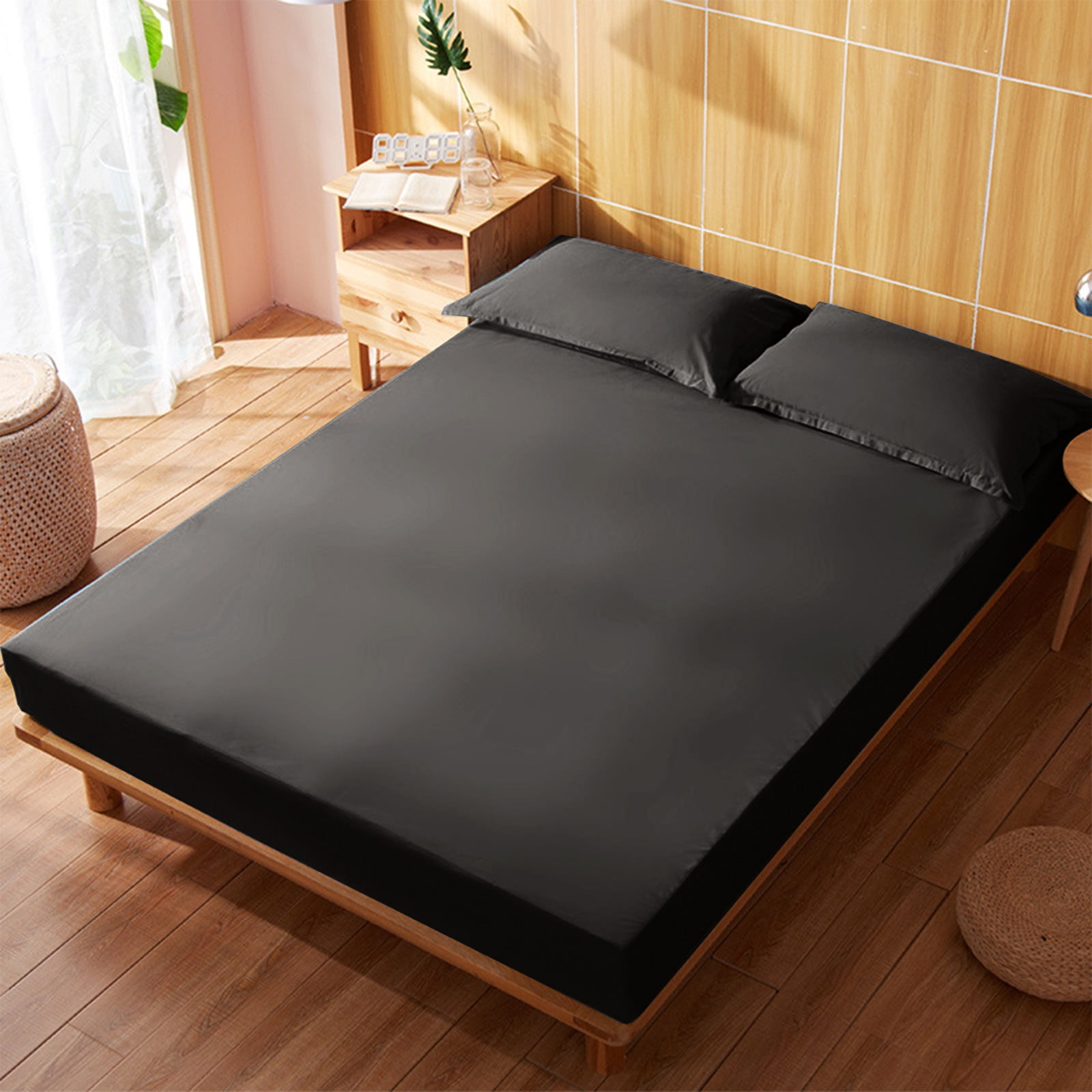 King Size Fitted Sheet, 100% Egyptian Cotton, Deep Pocket Premium Cotton Mattress Sheet,Double Bed Fitted Sheet Piece Non-Slip Fixed Bed Cover All-Inclusive Mattress Protection Bed Cover Black - Image 2