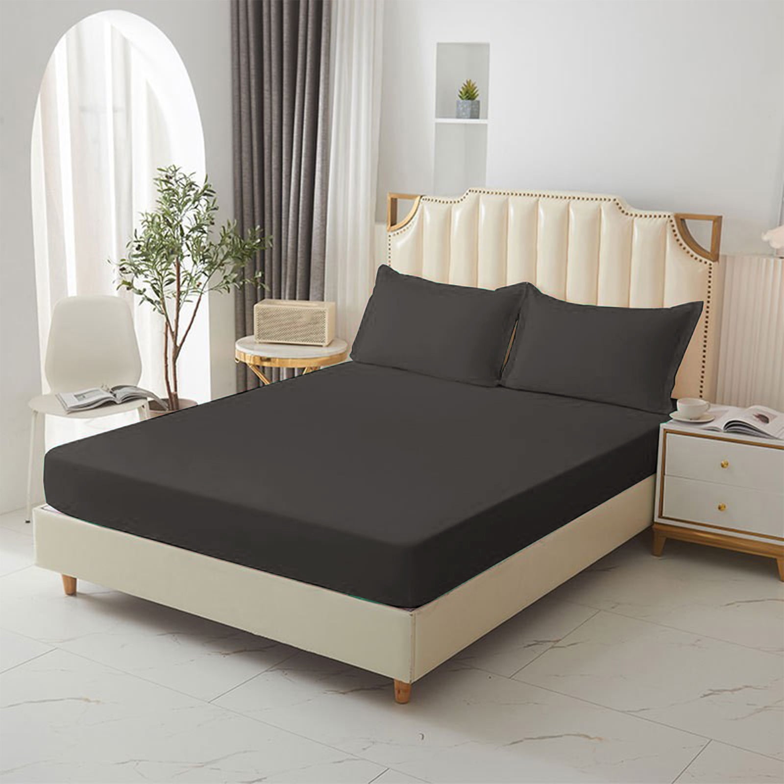 King Size Fitted Sheet, 100% Egyptian Cotton, Deep Pocket Premium Cotton Mattress Sheet,Double Bed Fitted Sheet Piece Non-Slip Fixed Bed Cover All-Inclusive Mattress Protection Bed Cover Black - Image 4