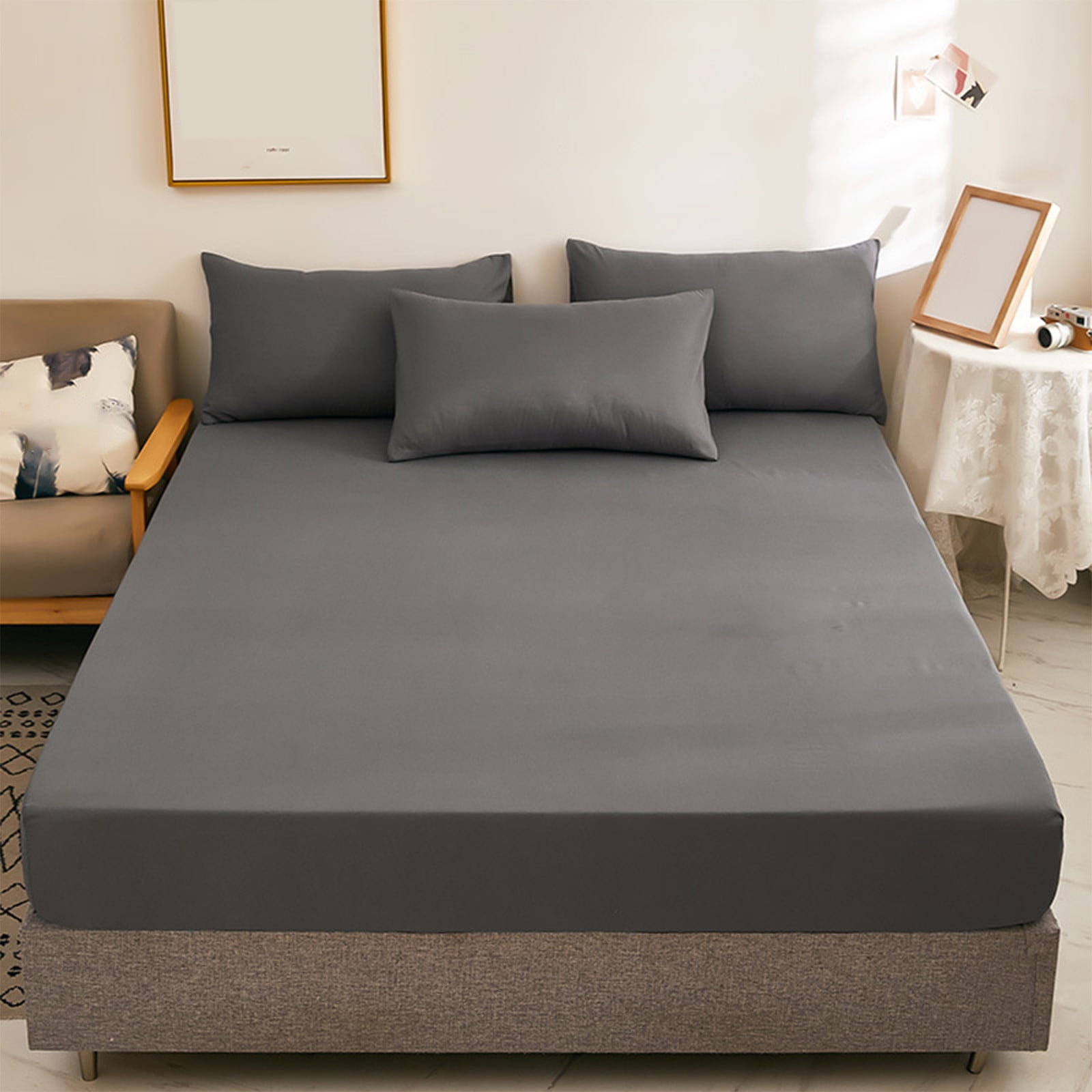 King Size Fitted Sheet, 100% Egyptian Cotton, Deep Pocket Premium Cotton Mattress Sheet,Double Bed Fitted Sheet Piece Non-Slip Fixed Bed Cover All-Inclusive Mattress Protection Bed Cover Gray - Image 5