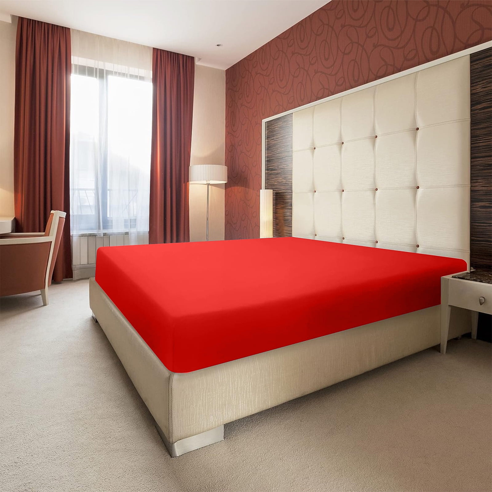 King Size Fitted Sheet, 100% Egyptian Cotton, Deep Pocket Premium Cotton Mattress Sheet,Double Bed Fitted Sheet Piece Non-Slip Fixed Bed Cover All-Inclusive Mattress Protection Bed Cover Red - Image 1