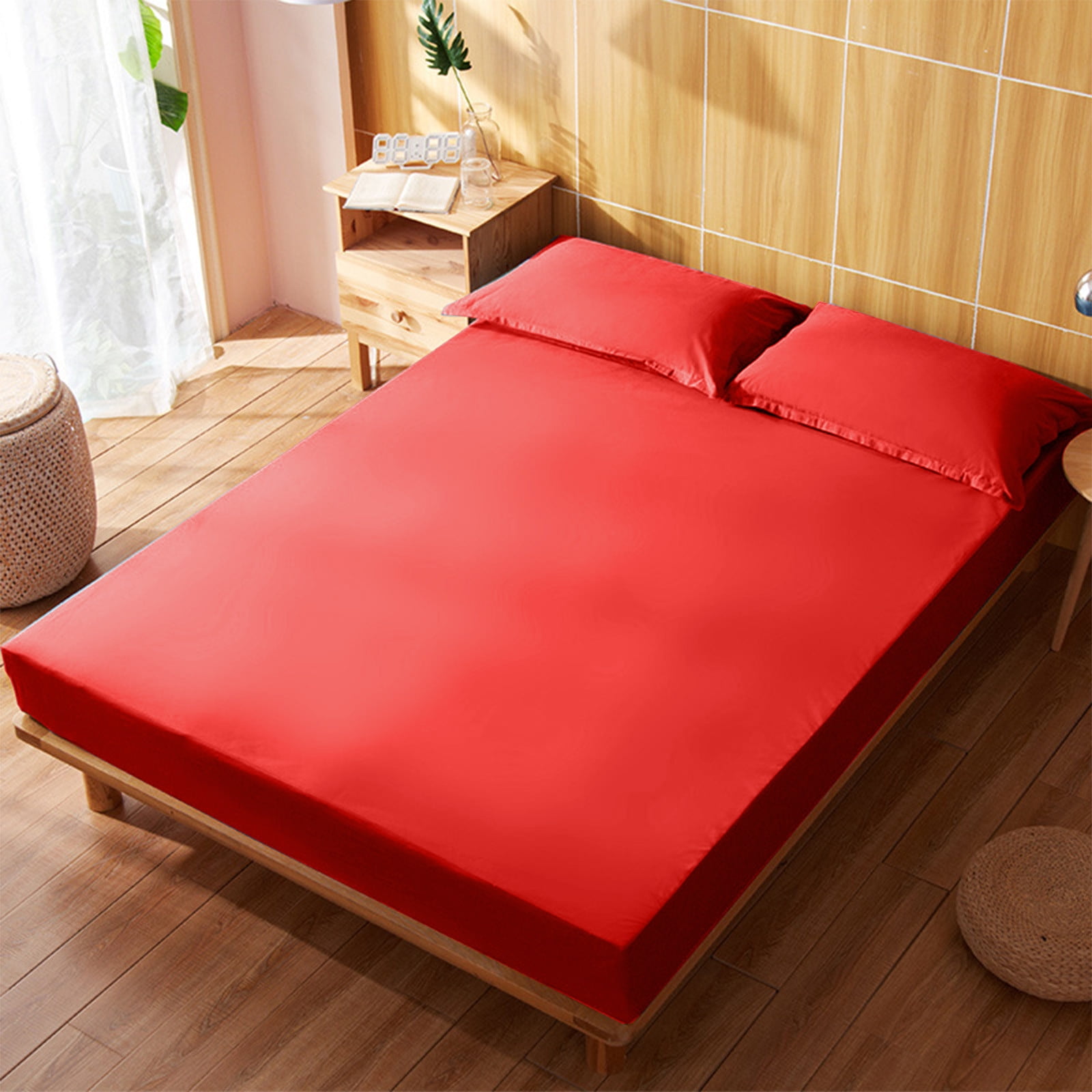 King Size Fitted Sheet, 100% Egyptian Cotton, Deep Pocket Premium Cotton Mattress Sheet,Double Bed Fitted Sheet Piece Non-Slip Fixed Bed Cover All-Inclusive Mattress Protection Bed Cover Red - Image 2