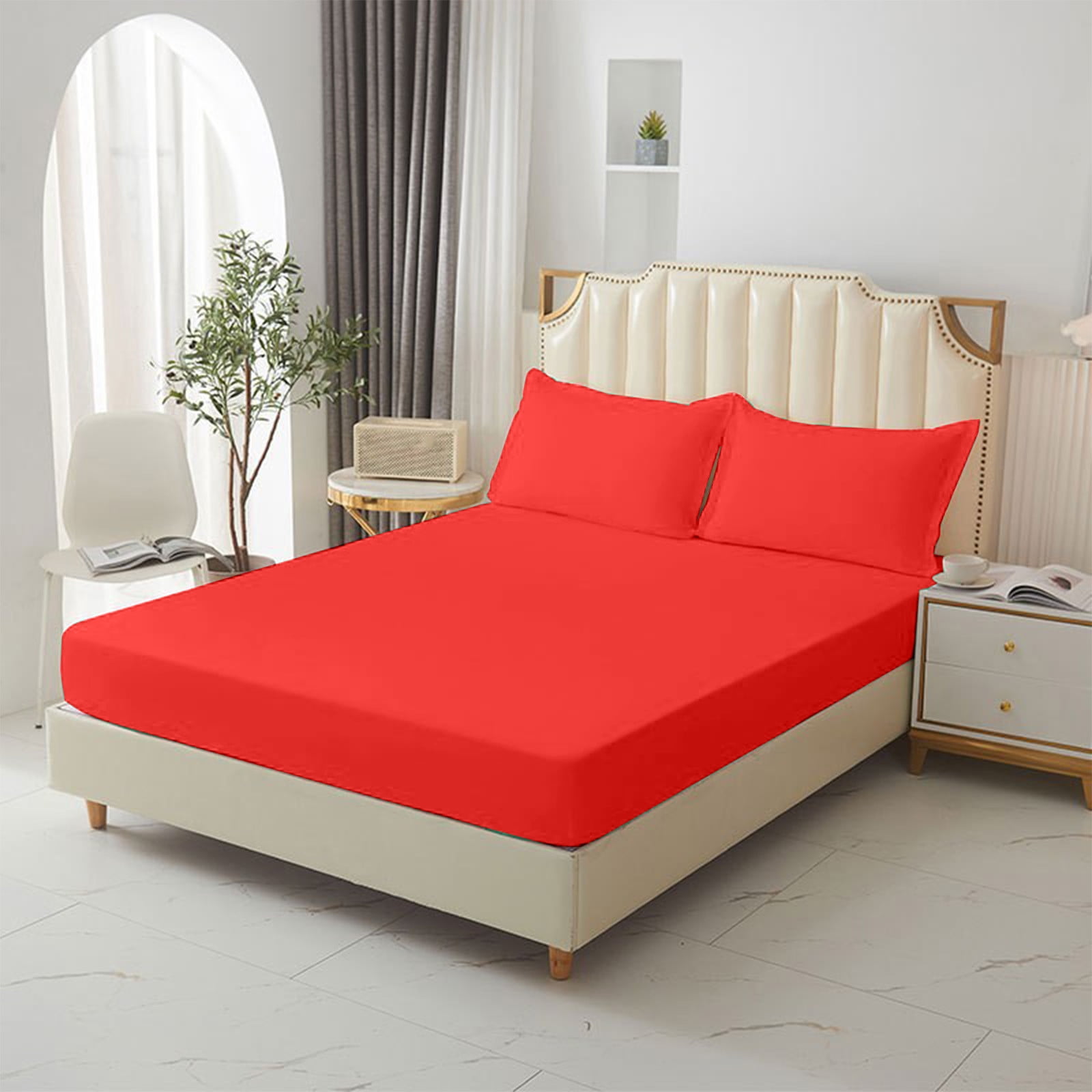 King Size Fitted Sheet, 100% Egyptian Cotton, Deep Pocket Premium Cotton Mattress Sheet,Double Bed Fitted Sheet Piece Non-Slip Fixed Bed Cover All-Inclusive Mattress Protection Bed Cover Red - Image 4