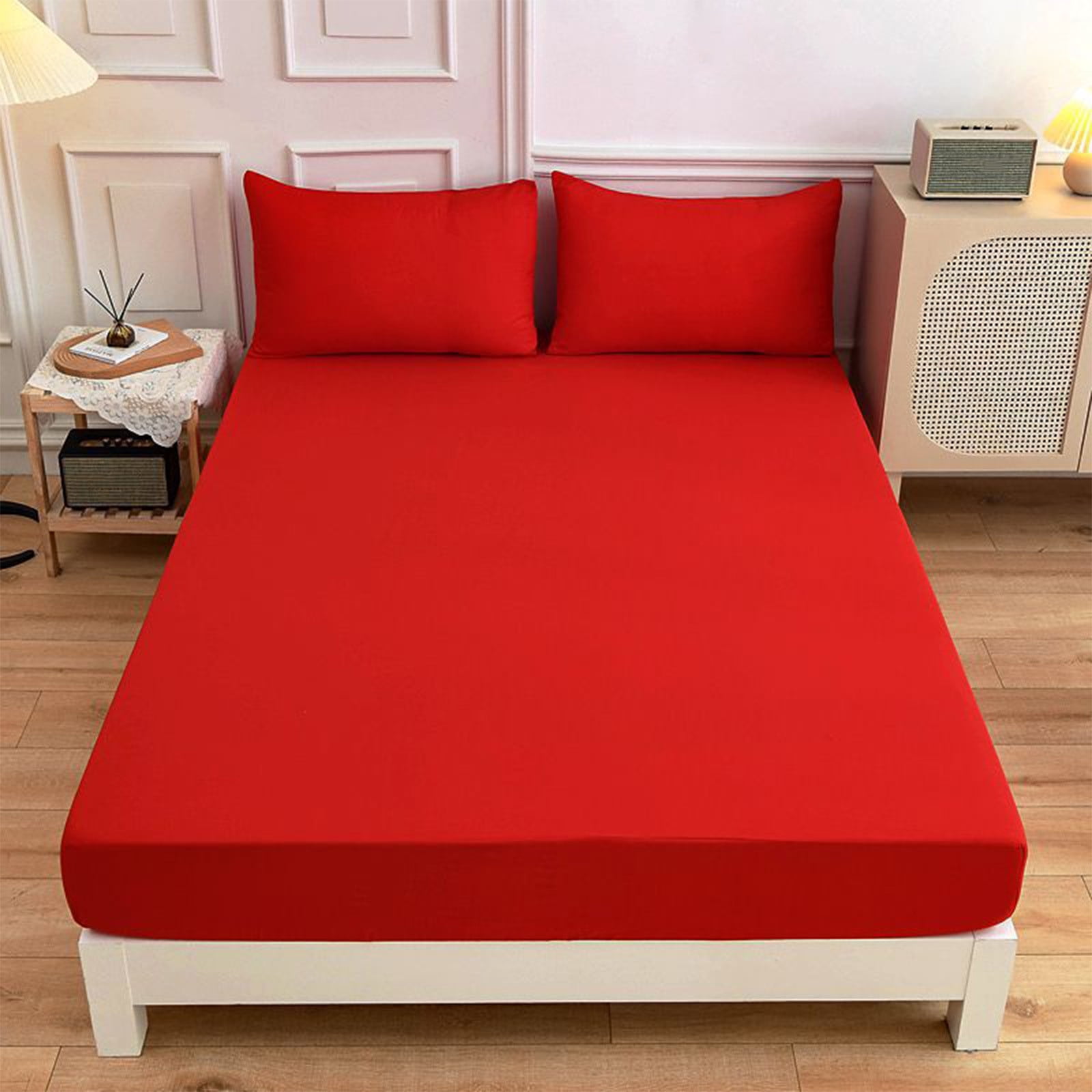 King Size Fitted Sheet, 100% Egyptian Cotton, Deep Pocket Premium Cotton Mattress Sheet,Double Bed Fitted Sheet Piece Non-Slip Fixed Bed Cover All-Inclusive Mattress Protection Bed Cover Red - Image 5