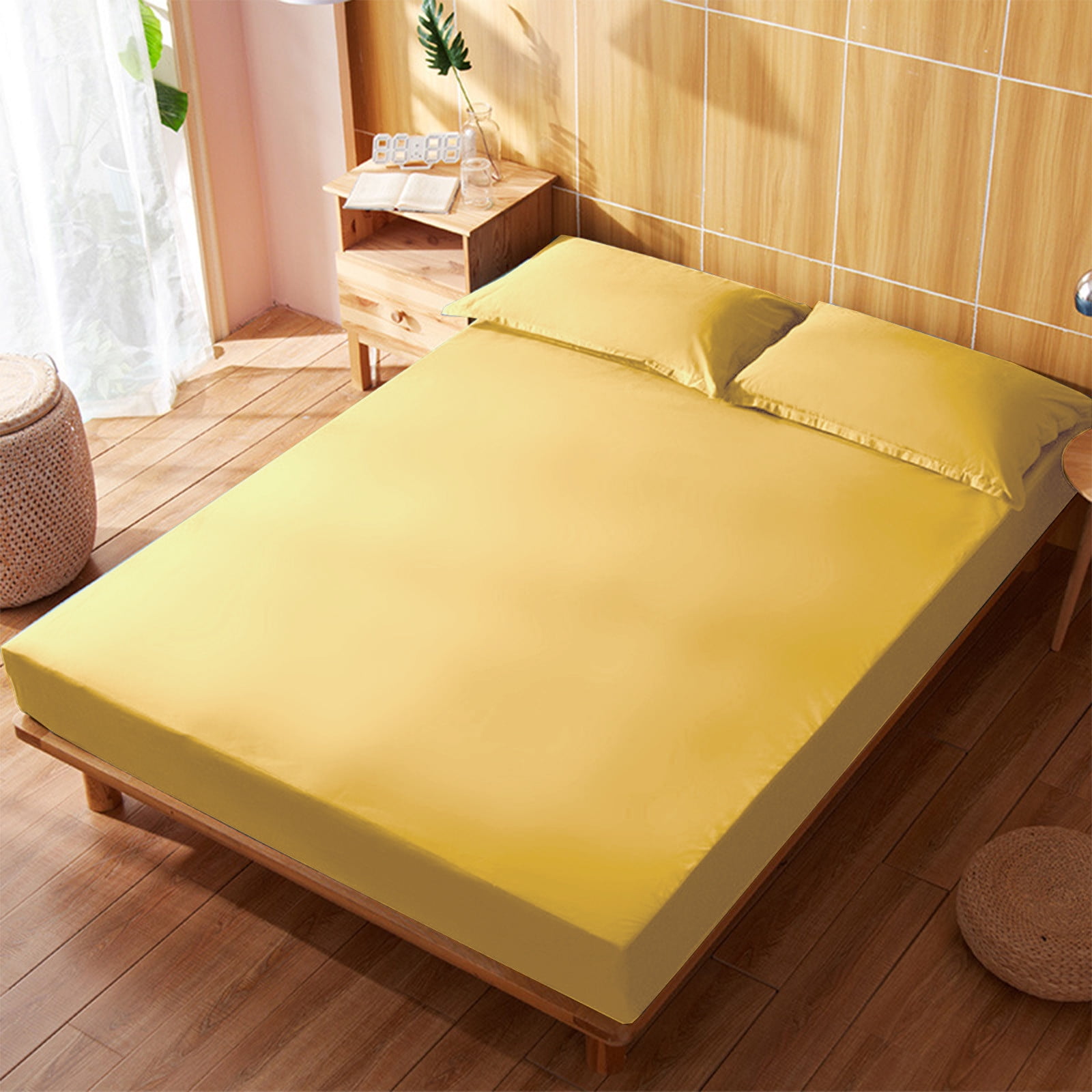 King Size Fitted Sheet, 100% Egyptian Cotton, Deep Pocket Premium Cotton Mattress Sheet,Double Bed Fitted Sheet Piece Non-Slip Fixed Bed Cover All-Inclusive Mattress Protection Bed Cover Yellow - Image 2