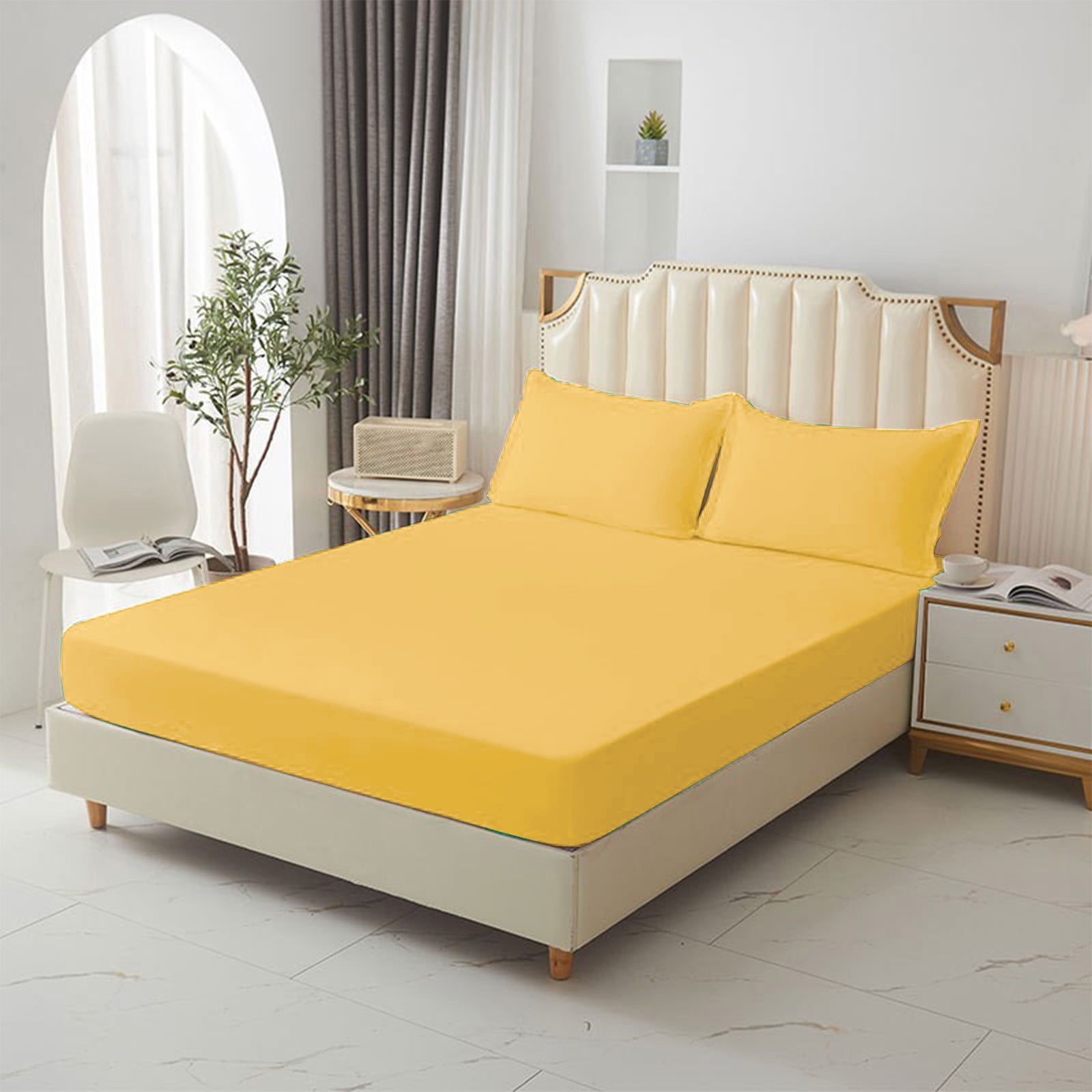 King Size Fitted Sheet, 100% Egyptian Cotton, Deep Pocket Premium Cotton Mattress Sheet,Double Bed Fitted Sheet Piece Non-Slip Fixed Bed Cover All-Inclusive Mattress Protection Bed Cover Yellow - Image 4