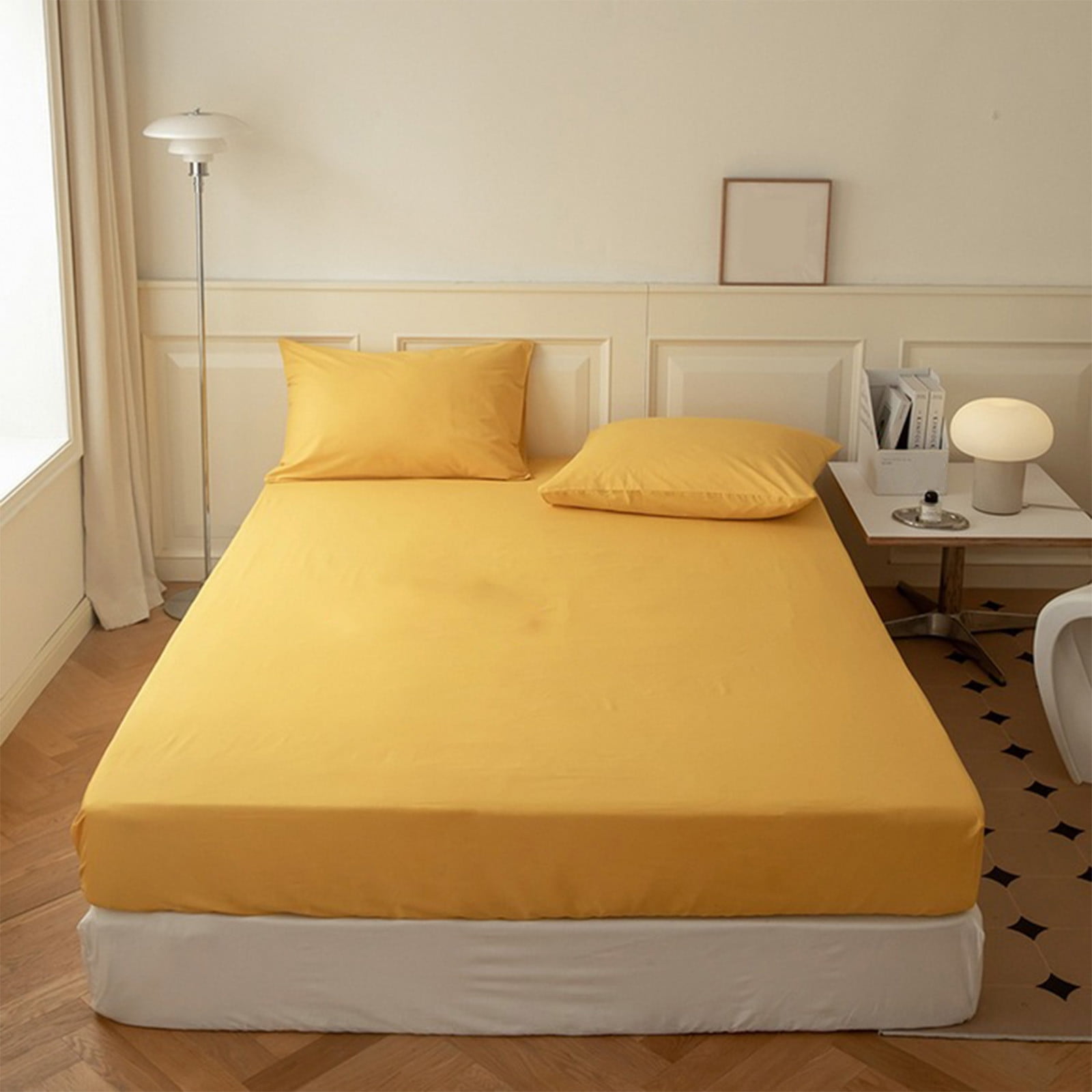 King Size Fitted Sheet, 100% Egyptian Cotton, Deep Pocket Premium Cotton Mattress Sheet,Double Bed Fitted Sheet Piece Non-Slip Fixed Bed Cover All-Inclusive Mattress Protection Bed Cover Yellow - Image 5