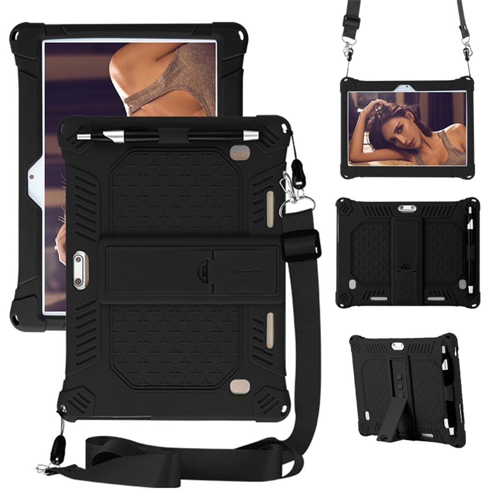 10,10.1 inch Silicone Tablet Case with Stylus Pen & Shoulder Strap, Universal Shockproof Silicone Cover Case,Soft Portable Protective Cover for Android Tablet PC Black - Image 1