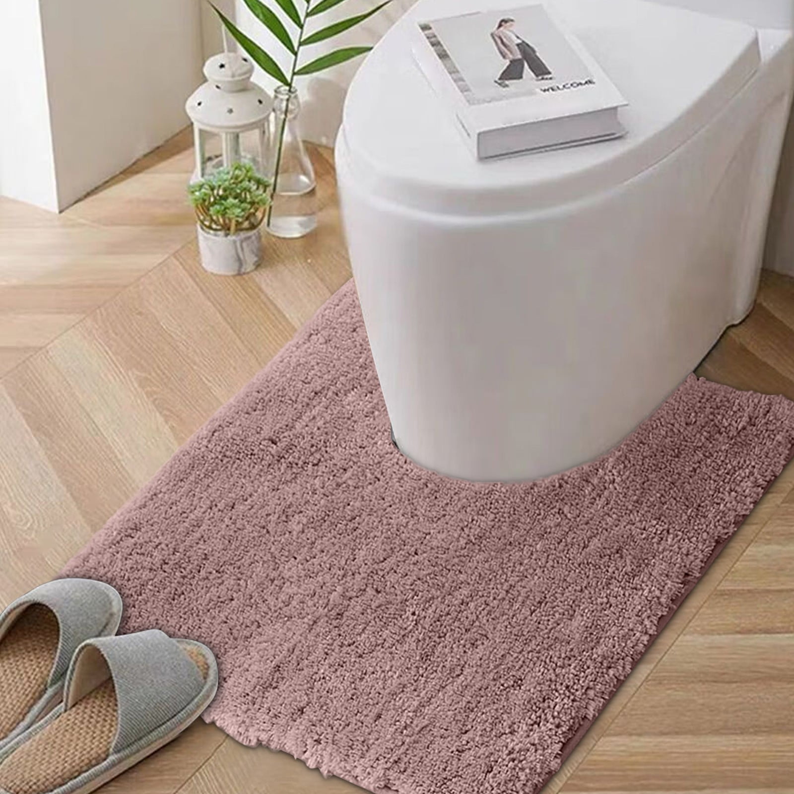 Bathroom Contour Rug Non Slip Toilet U Shaped Bath Mat, Water Absorbent Super Soft Shaggy Chenille Machine Washable Dry Extra Thick Perfect Absorbant Best Plush Carpet, U Shaped Bath Mat Pink - Image 2