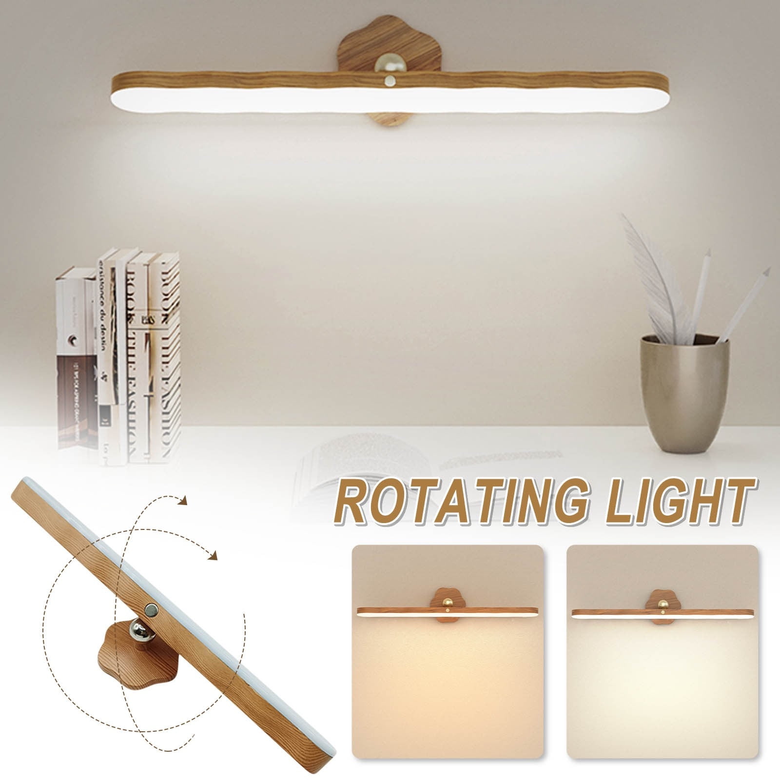 Wall Lights for Bedroom Battery Operated Wall Sconce Lamp Vanity Light Magnetic Wooden Wireless Rechargeable Wall Lights,Rotating Multi-purpose Night Light Movable Light Detachable Cabinet Light A - Image 2