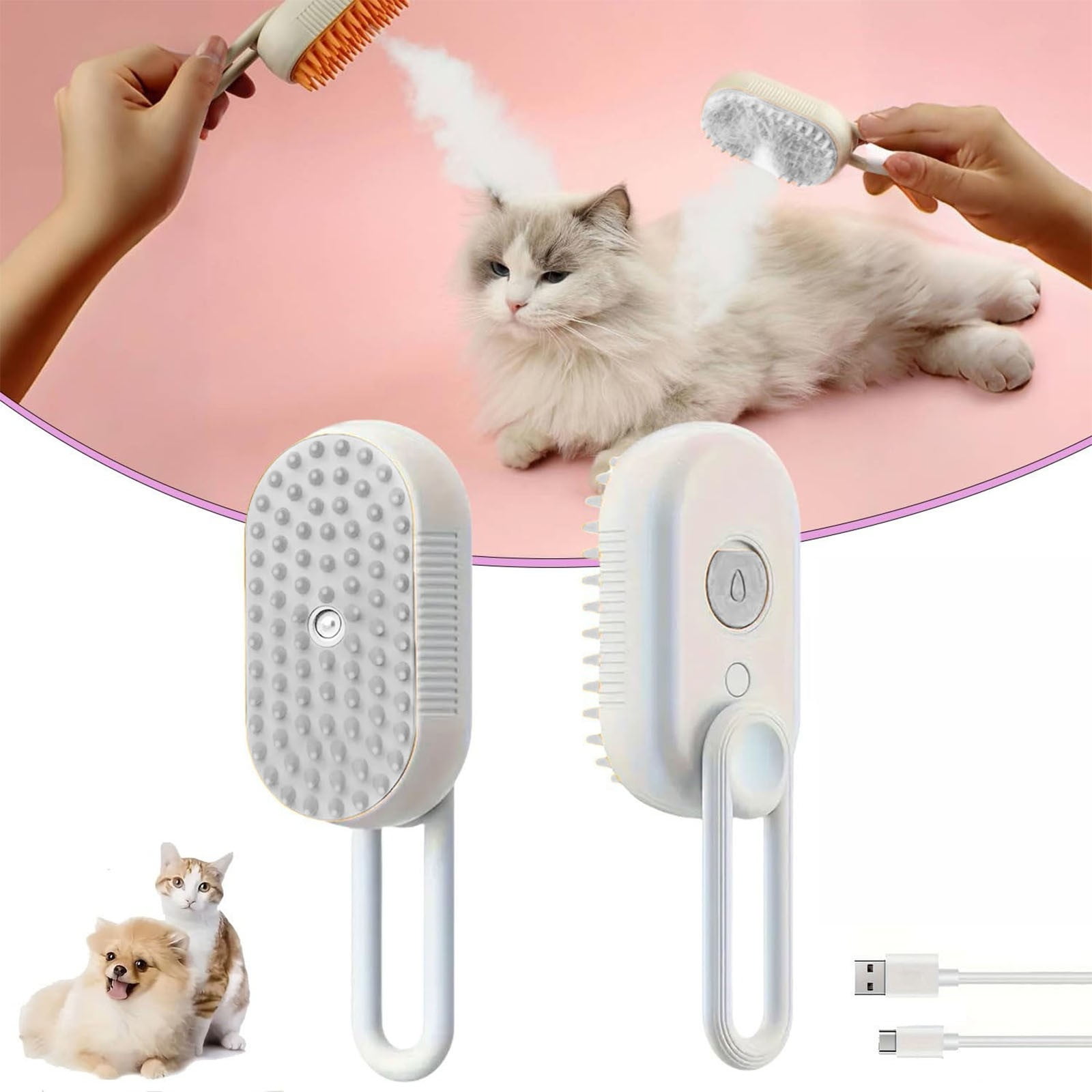 Pet Spray Massage Comb with Steam - 3-in-1 Steam Grooming Brush for Cats & Dogs, Pet Hair Removal, Massage & Cleaning Spray Comb, Ergonomic & Portable, Compact & Easy to Clean,for Bathing & Grooming White - Image 1
