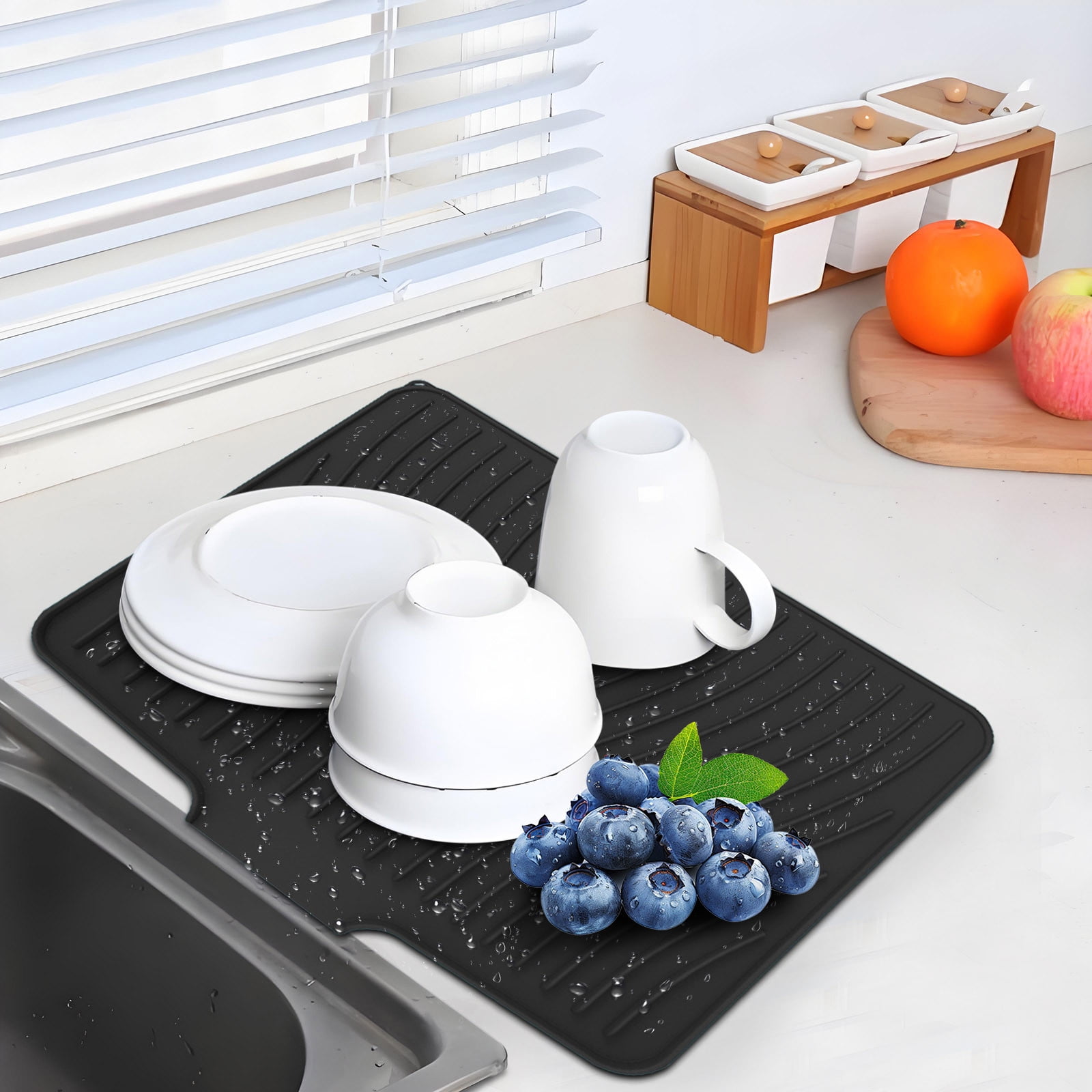 40x33 Inch Extra Large Kitchen Countertop Draining Silicone Tray - No Punching, Waterproof Drying Pad for Dishes,Water Diverting, Anti-Accumulating, Multifunctional Counter Protector for Kitchen Use Black - Image 4