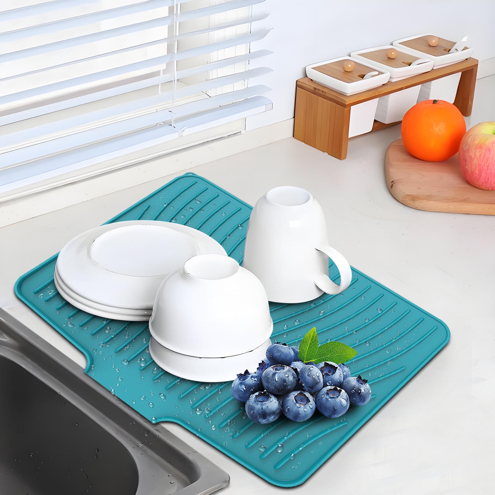 40x33 Inch Extra Large Kitchen Countertop Draining Silicone Tray - No Punching, Waterproof Drying Pad for Dishes,Water Diverting, Anti-Accumulating, Multifunctional Counter Protector for Kitchen Use green - Image 4