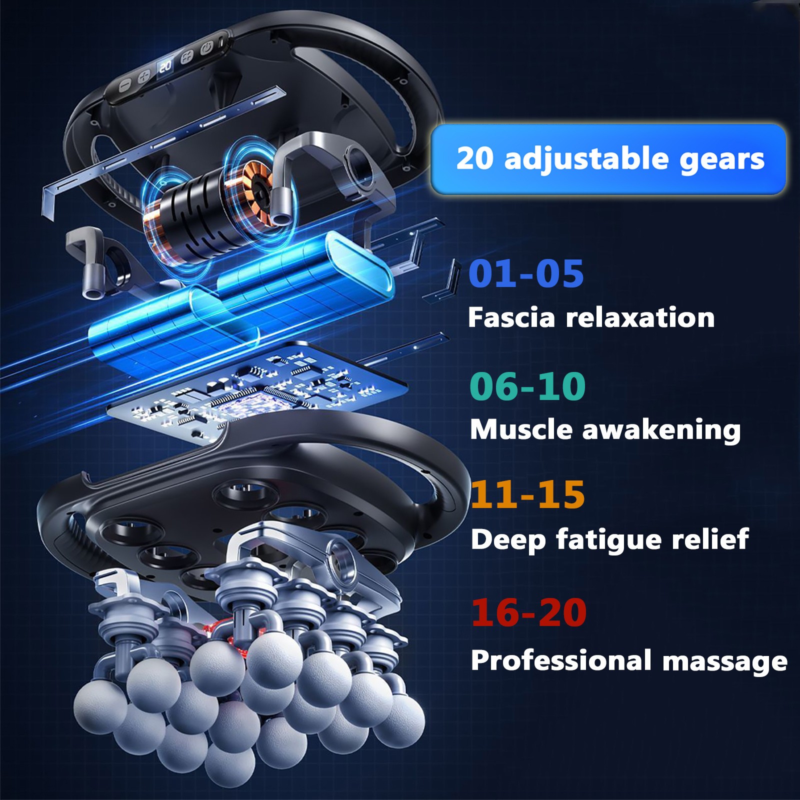 16-Head Rechargeable Muscle Fascia Gun with LCD Display - 9 Modes, 20 Adjustable Speeds, for Muscle Pain Relief, Back, Legs, Neck, and Body,Gift for Men and Women - 11 x 7.48 x 3.94 inches - Image 6