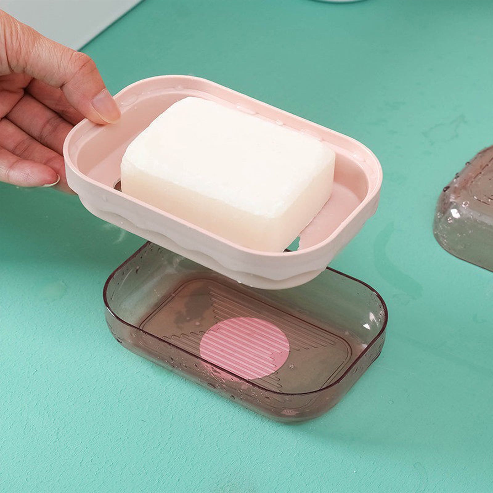 Covered Soap Box with Lid - Plastic Bar Soap Case with Drain Tray, Portable Countertop Soap Container, Water-Resistant, Easy to Clean, 5.03 x 3.46 x 2.16 inches, for Home & Travel Use Pink - Image 1