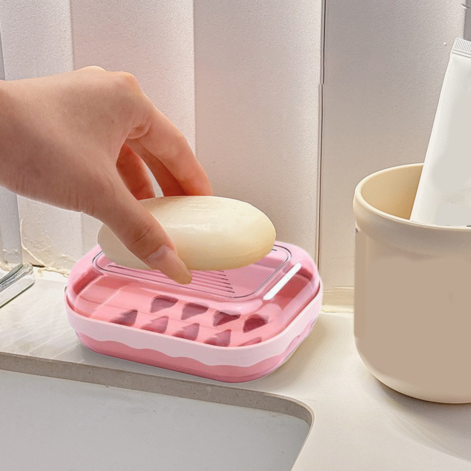 Covered Soap Box with Lid - Plastic Bar Soap Case with Drain Tray, Portable Countertop Soap Container, Water-Resistant, Easy to Clean, 5.03 x 3.46 x 2.16 inches, for Home & Travel Use Pink - Image 5