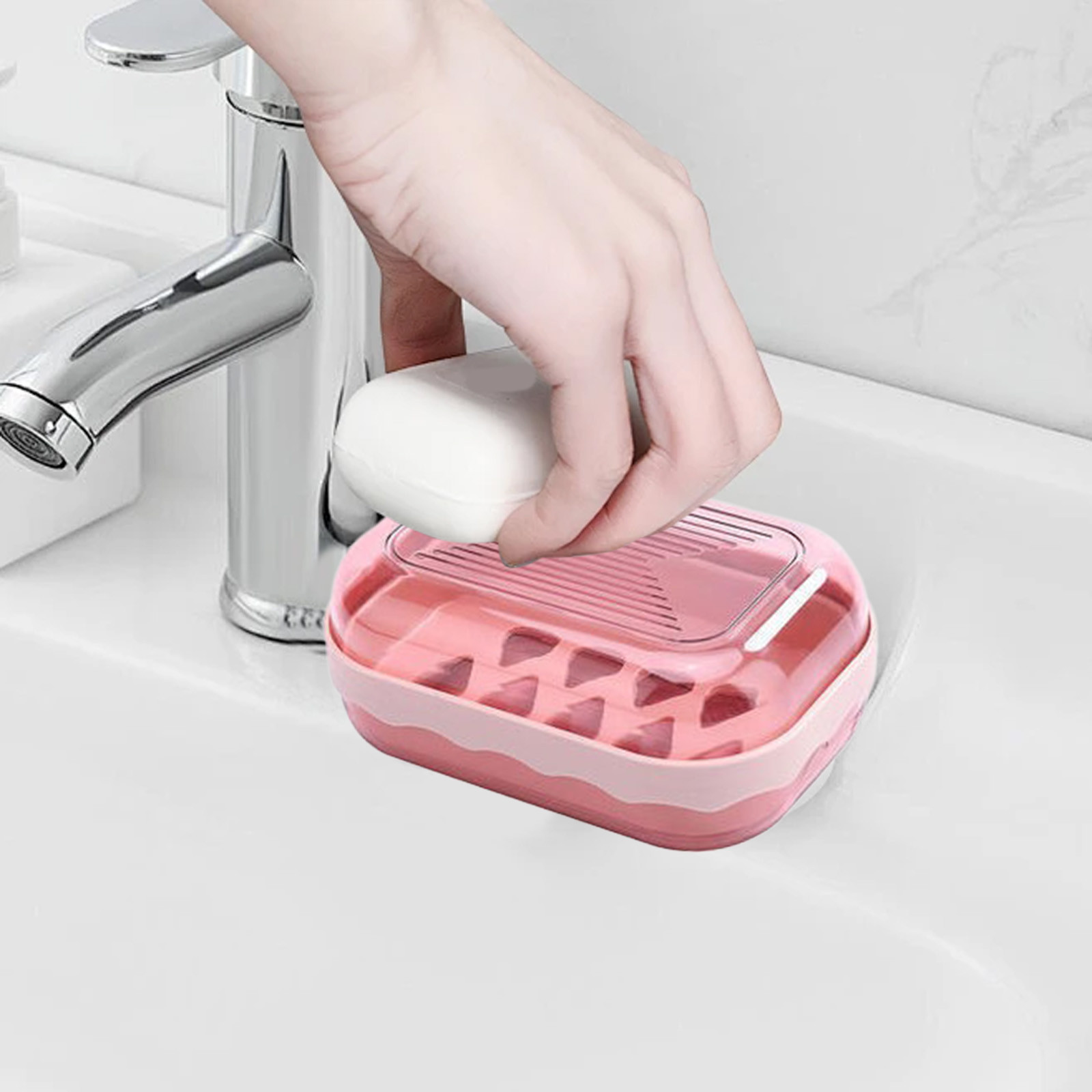 Covered Soap Box with Lid - Plastic Bar Soap Case with Drain Tray, Portable Countertop Soap Container, Water-Resistant, Easy to Clean, 5.03 x 3.46 x 2.16 inches, for Home & Travel Use Pink - Image 6