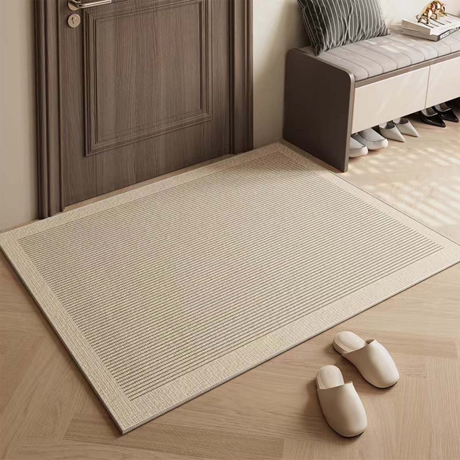 Ultra Thin Door Mat Indoor Enrance,Thin Door Mats for Inside Entry,Non-Slip Rubber Backing Entryway Rug,Absorbent Washable Floor mats for Bathroom,Striped Carpet Bedroom Carpet 23.6x15.7in Beige - Image 1