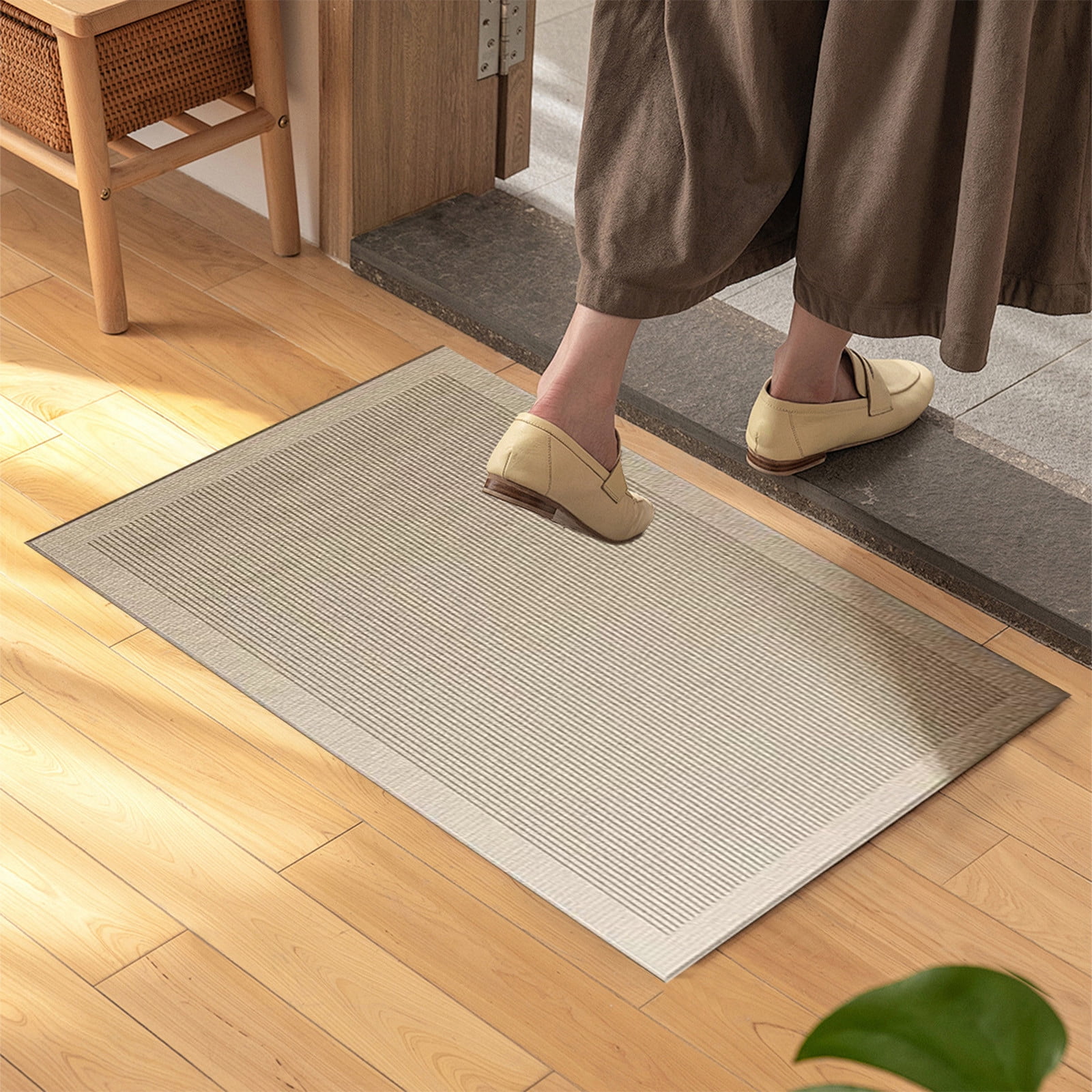 Ultra Thin Door Mat Indoor Enrance,Thin Door Mats for Inside Entry,Non-Slip Rubber Backing Entryway Rug,Absorbent Washable Floor mats for Bathroom,Striped Carpet Bedroom Carpet 23.6x15.7in Beige - Image 2