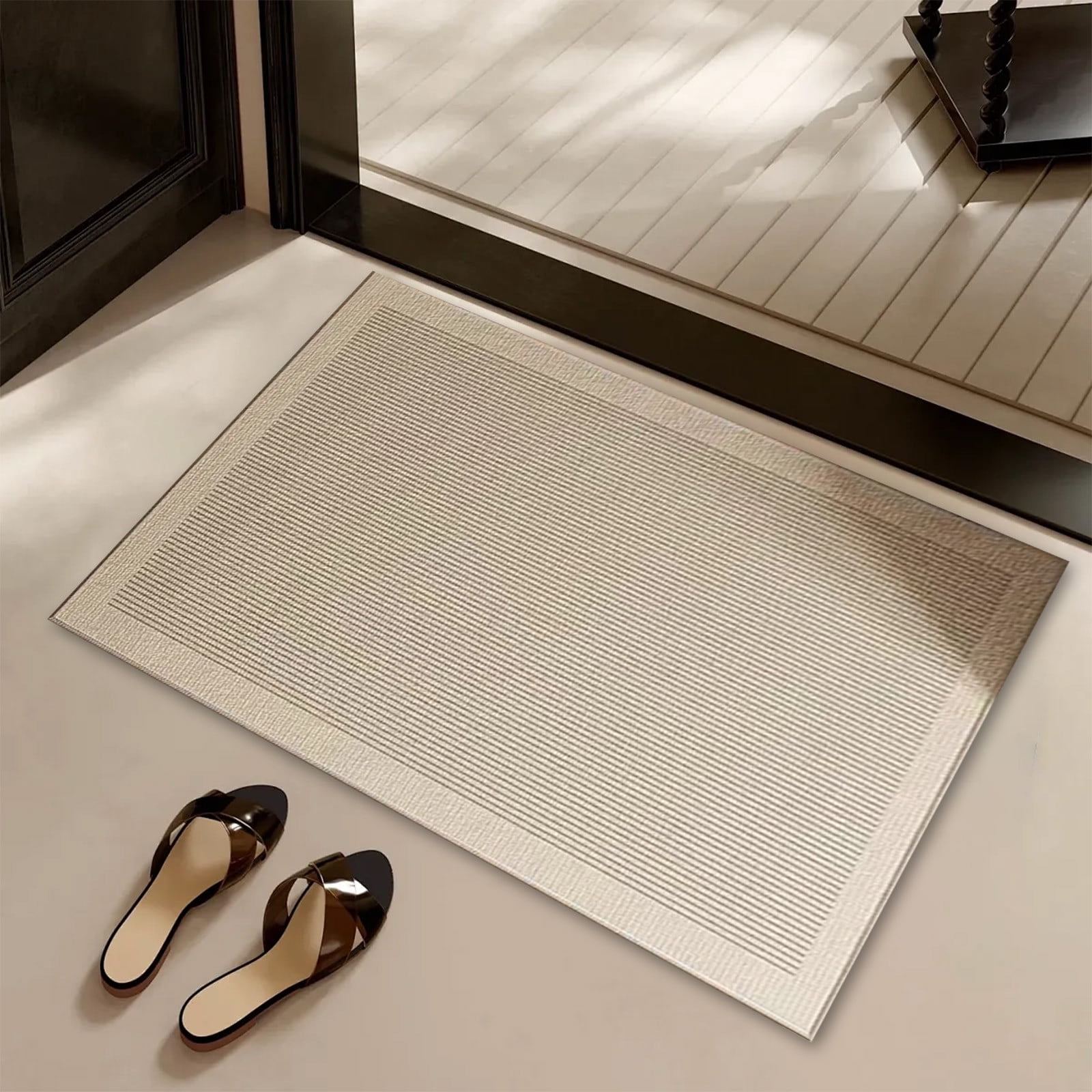 Ultra Thin Door Mat Indoor Enrance,Thin Door Mats for Inside Entry,Non-Slip Rubber Backing Entryway Rug,Absorbent Washable Floor mats for Bathroom,Striped Carpet Bedroom Carpet 23.6x15.7in Beige - Image 5