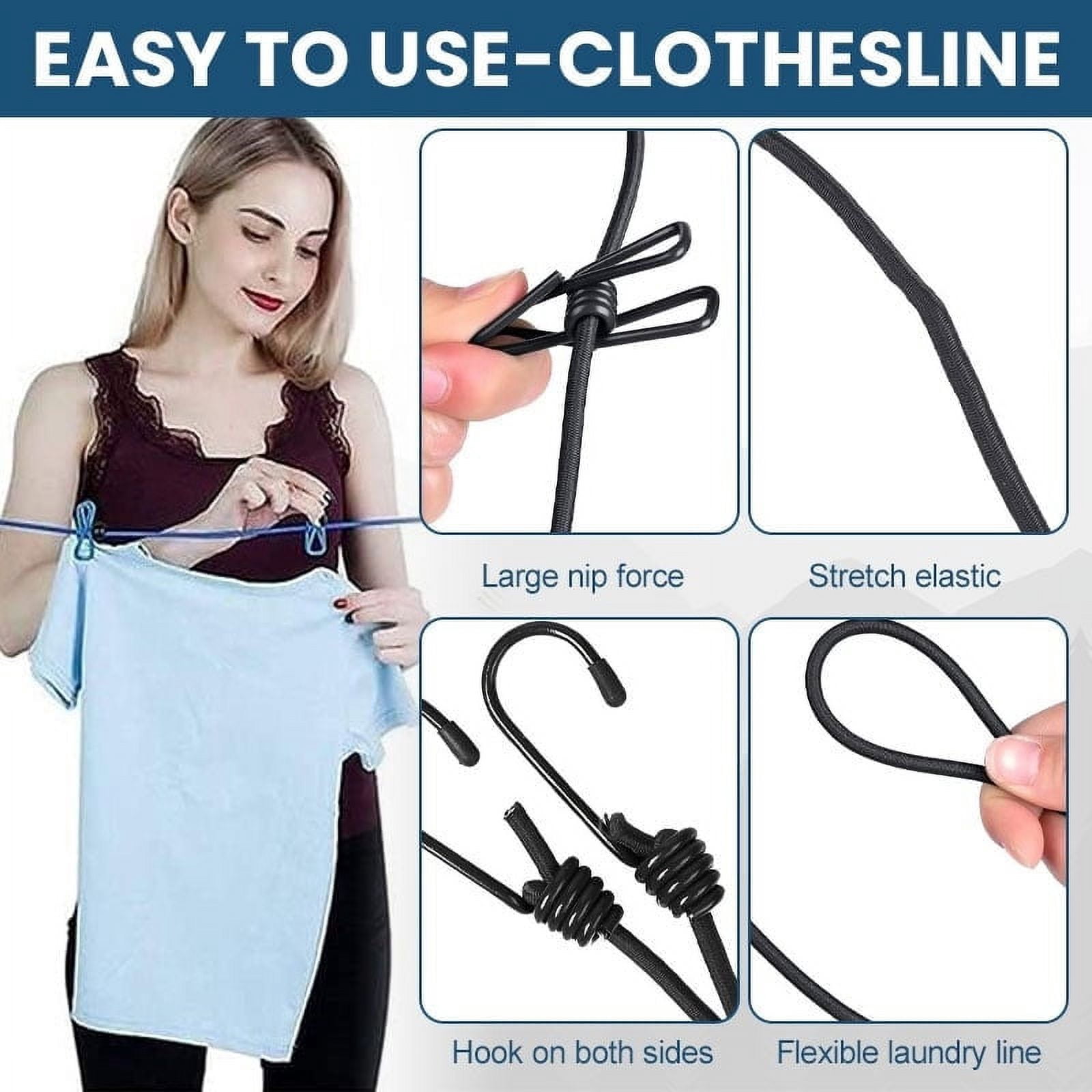 Portable Clothesline for Travel, Camping, and RV – Windproof Elastic Clothesline with 12 Clips, 6ft Length, Non-Slip, Space-Saving, Easy to Hang – Ideal for Backyard, Bathroom, and Outdoor Use Blue - Image 5