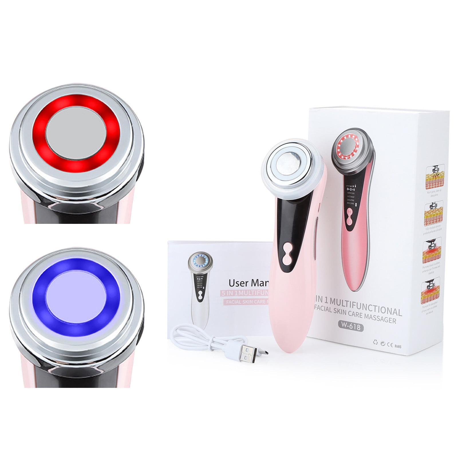 Face Massager Electric Face Lifting 4 in 1 Facial Massager Anti Aging Skin Tightening Firming Skin Care Tools,USB Rechargeable Red Blue Light Thermal Massage Beauty Device 400mah 3.7V/0.6A - Image 1