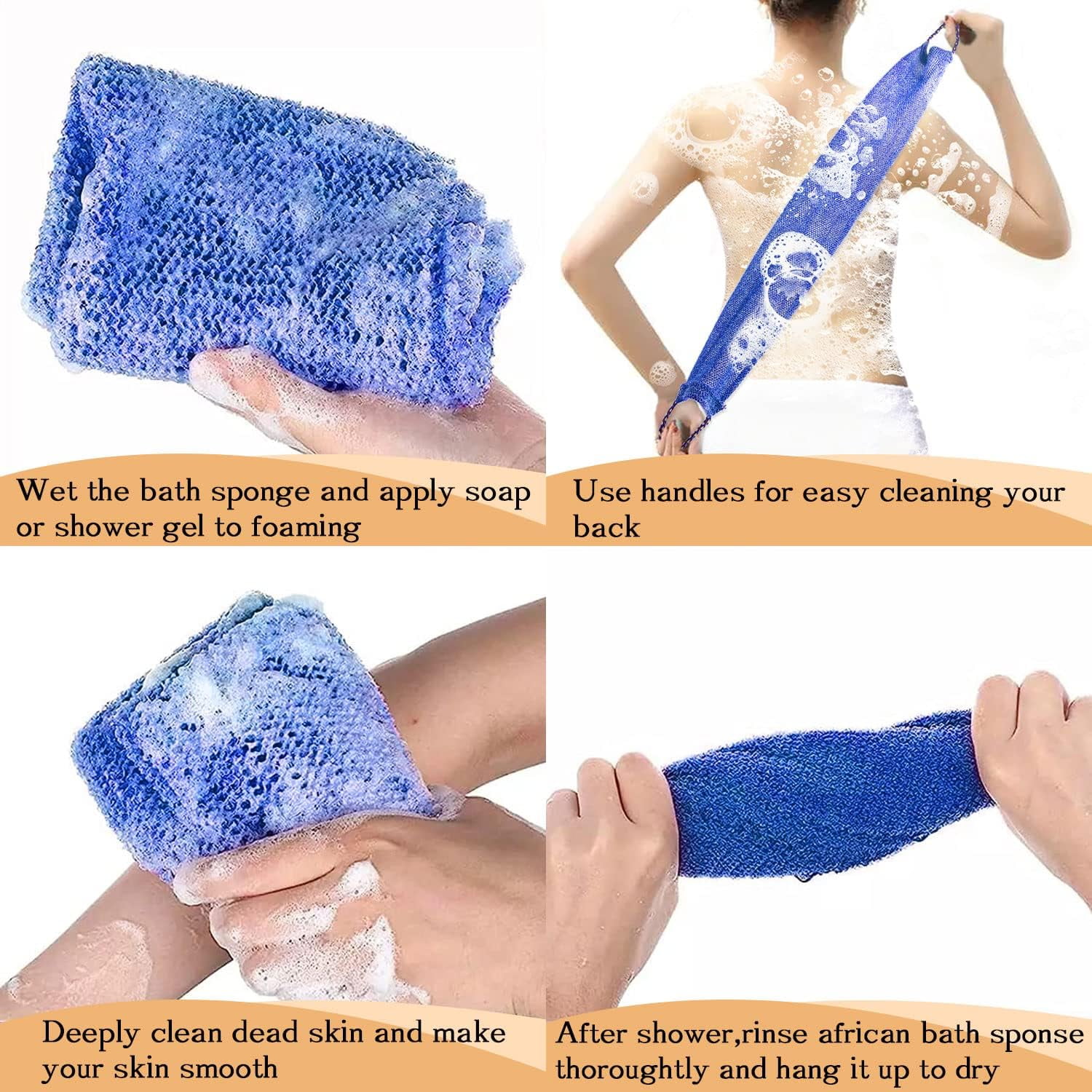 3 Pieces African Net Sponge with Handles Long African Exfoliating Net Washcloth Bath Sponge Net Cloth Wash Net Body Back Scrubber for Shower Loofah, 31.5x5.9 31.5