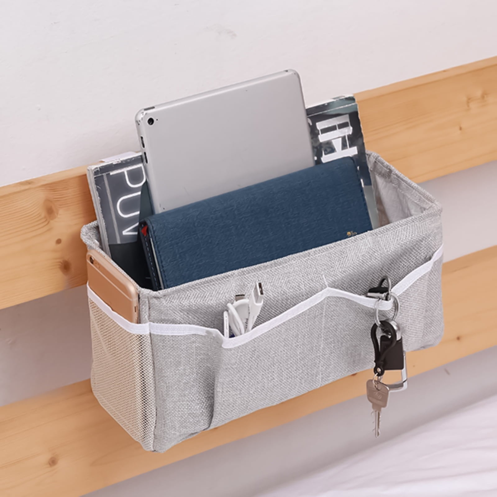 Bedside Caddy/Bedside Storage Bag Hanging Organizer for Bunk and Hospital Beds,Dorm Rooms Bed Rails,Can be Placed Glasses,Books,Mobile Phones,Keys (Grey), 12.2x4.33x6.29 12.2