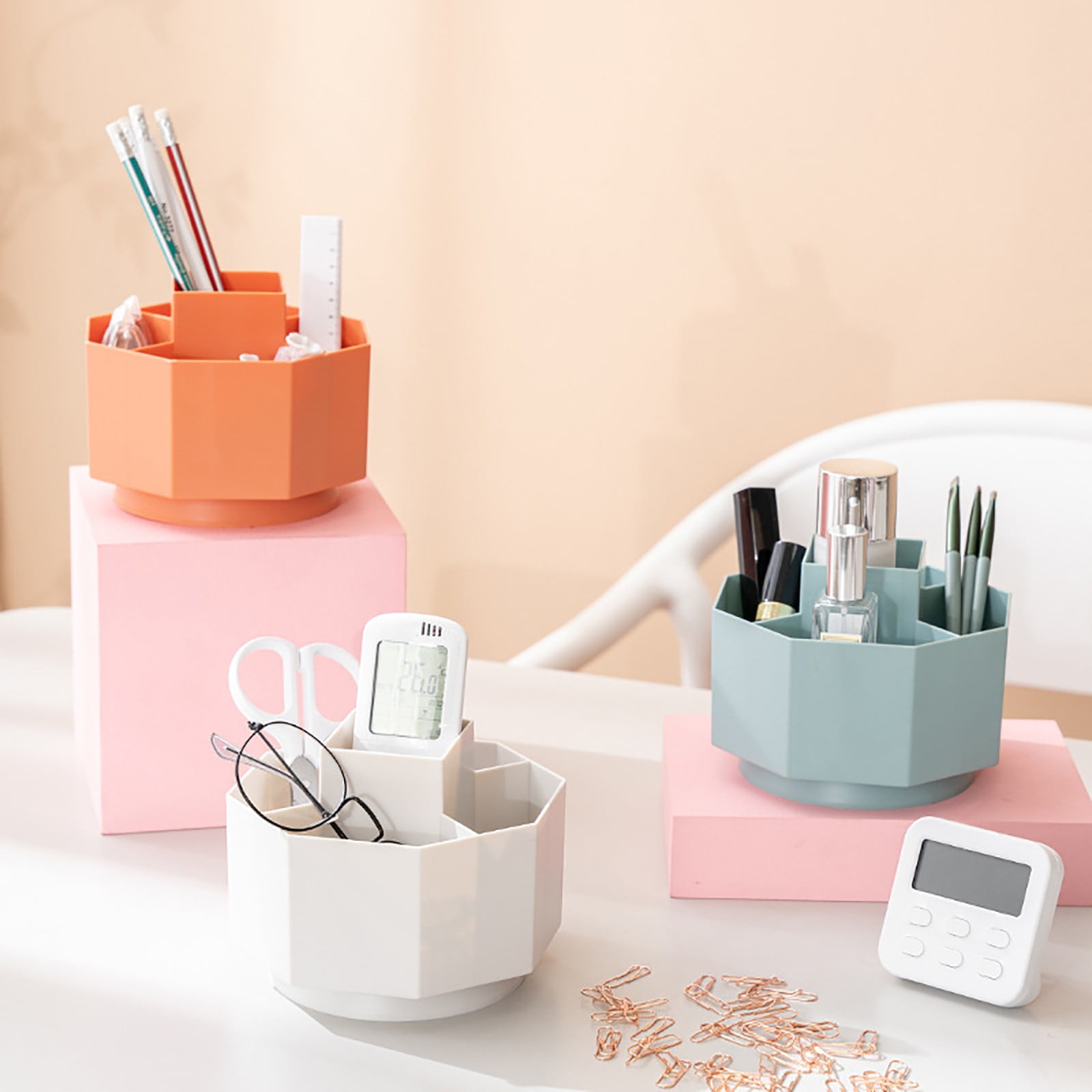 Large Capacity Rotating Pen Holder, Desktop Organizer for Office Supplies, Cosmetics Brushes, 5-Slot Plastic Storage Basket for Desk, Dorm, Kitchen Counter White 5.51x5.51x4.52' 5.51